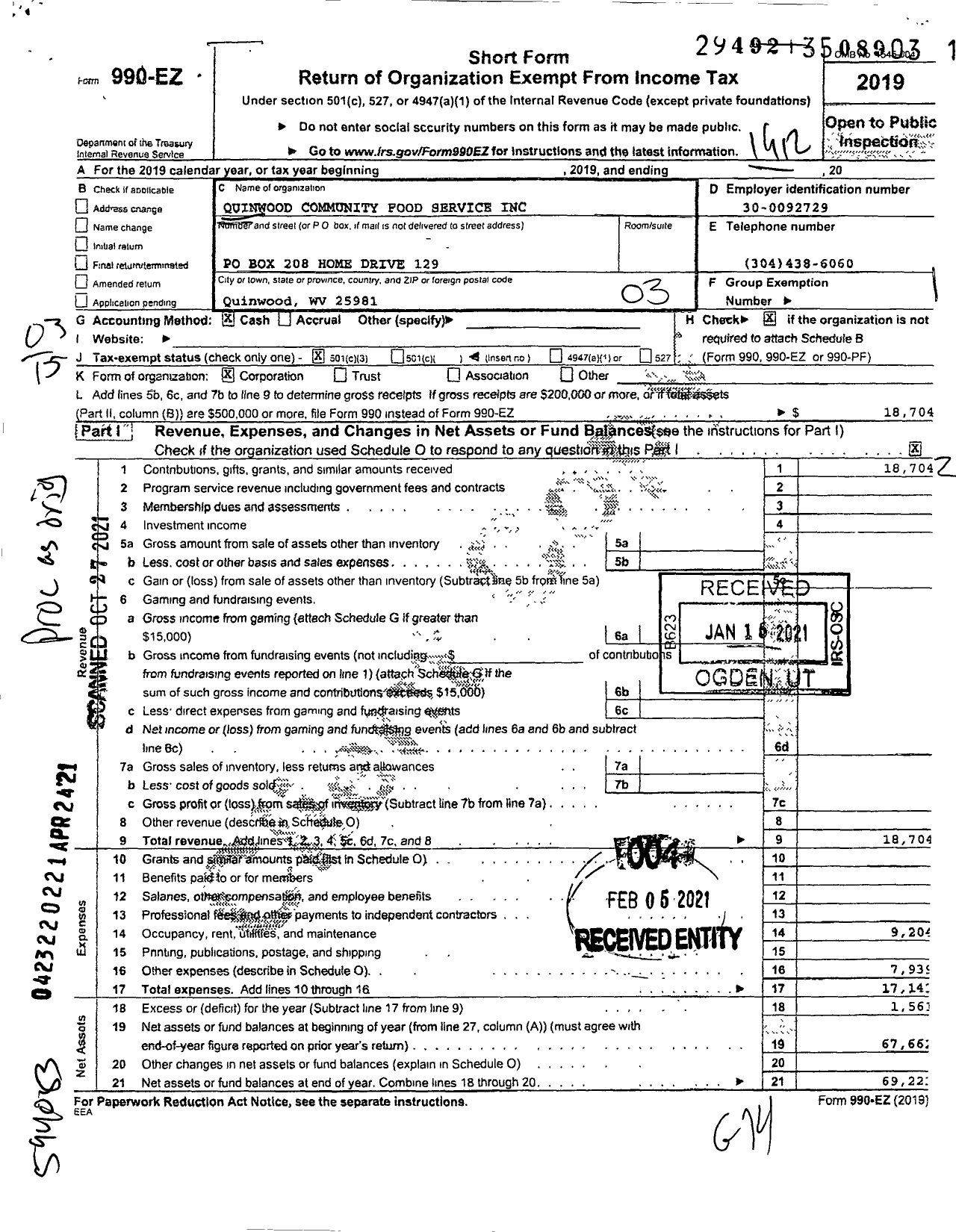 Image of first page of 2019 Form 990EZ for Quinwood Community Food Service