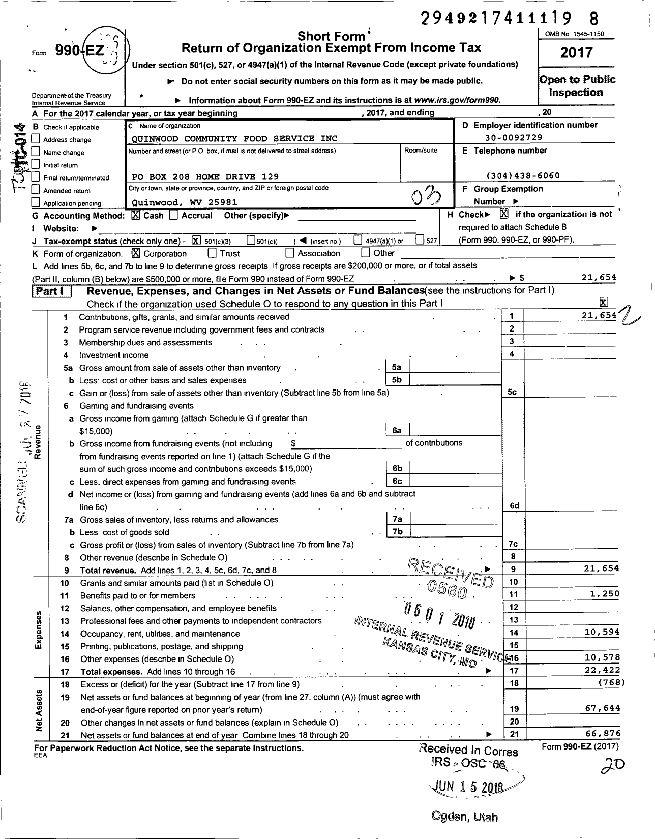 Image of first page of 2017 Form 990EZ for Quinwood Community Food Service