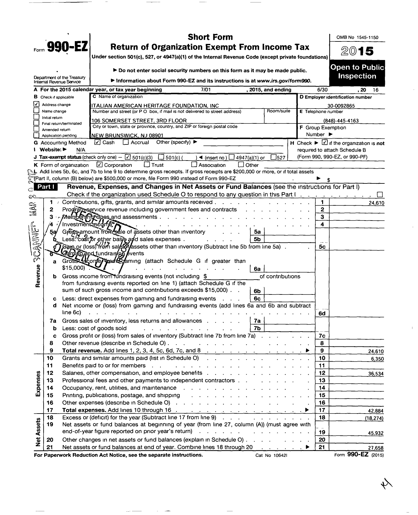 Image of first page of 2015 Form 990EZ for Italian American Heritage Foundation