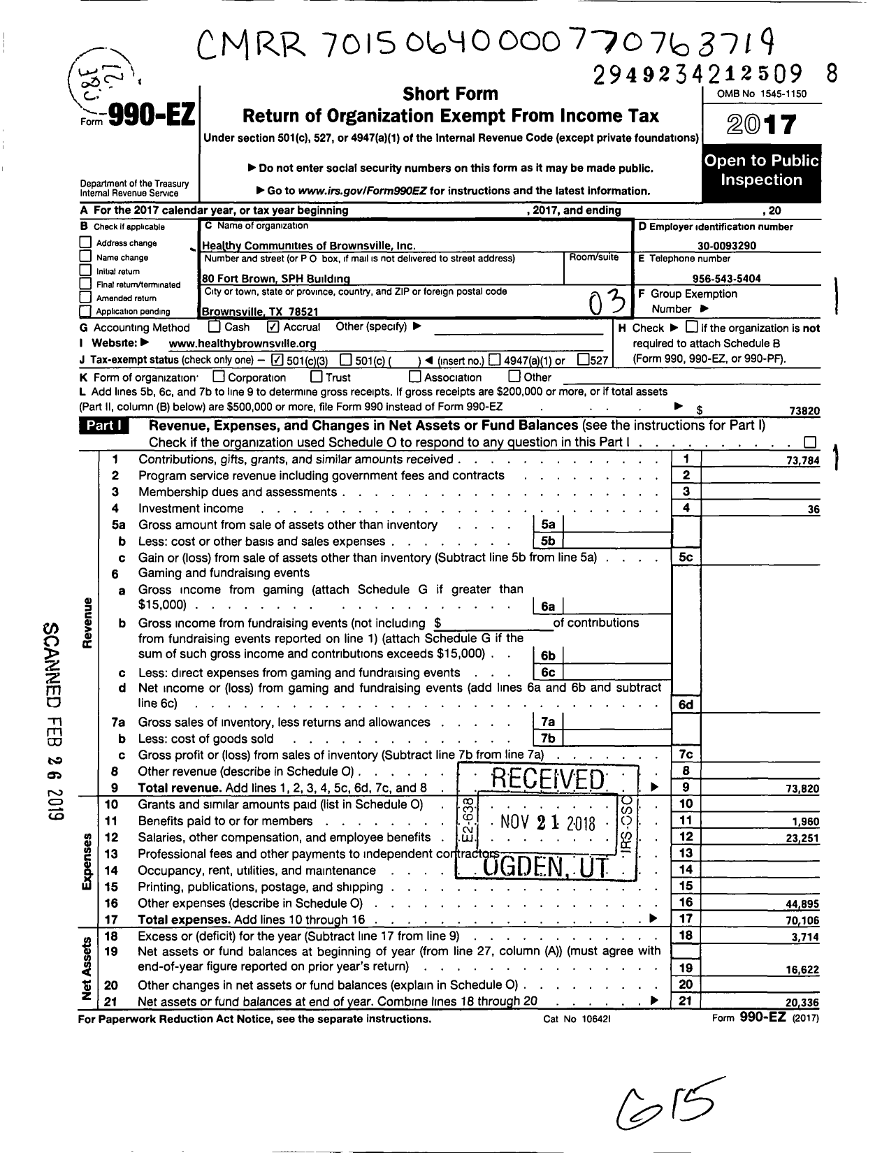 Image of first page of 2017 Form 990EZ for Healthy Communities of Brownsville