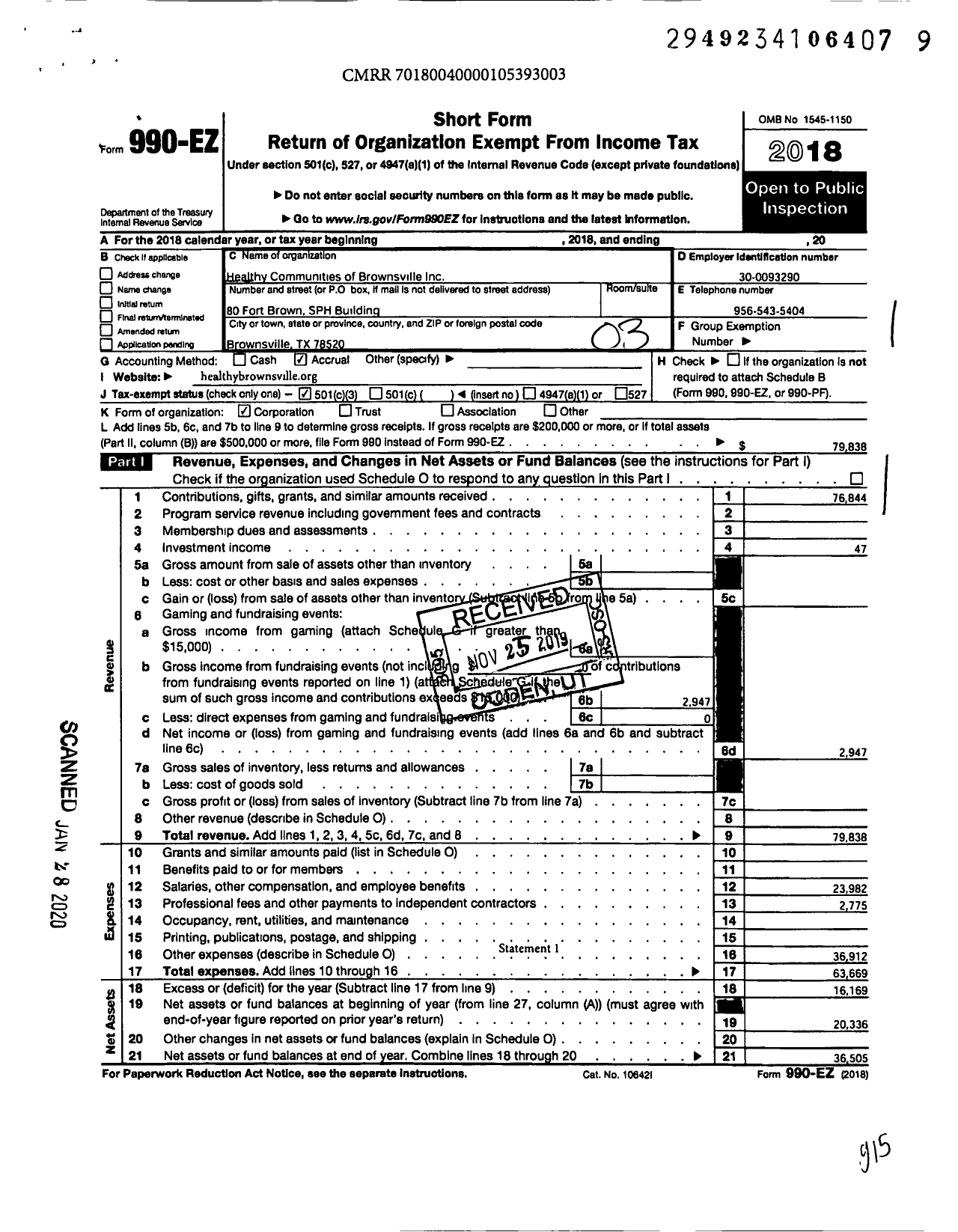 Image of first page of 2018 Form 990EZ for Healthy Communities of Brownsville