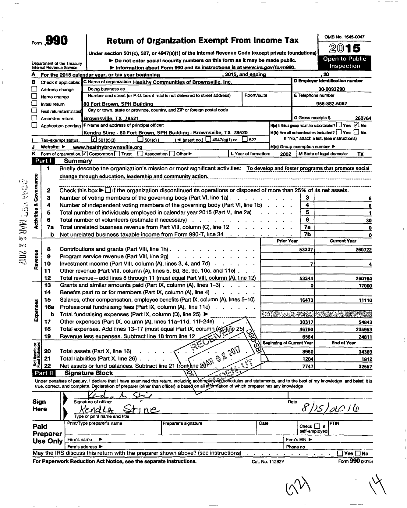 Image of first page of 2015 Form 990 for Healthy Communities of Brownsville