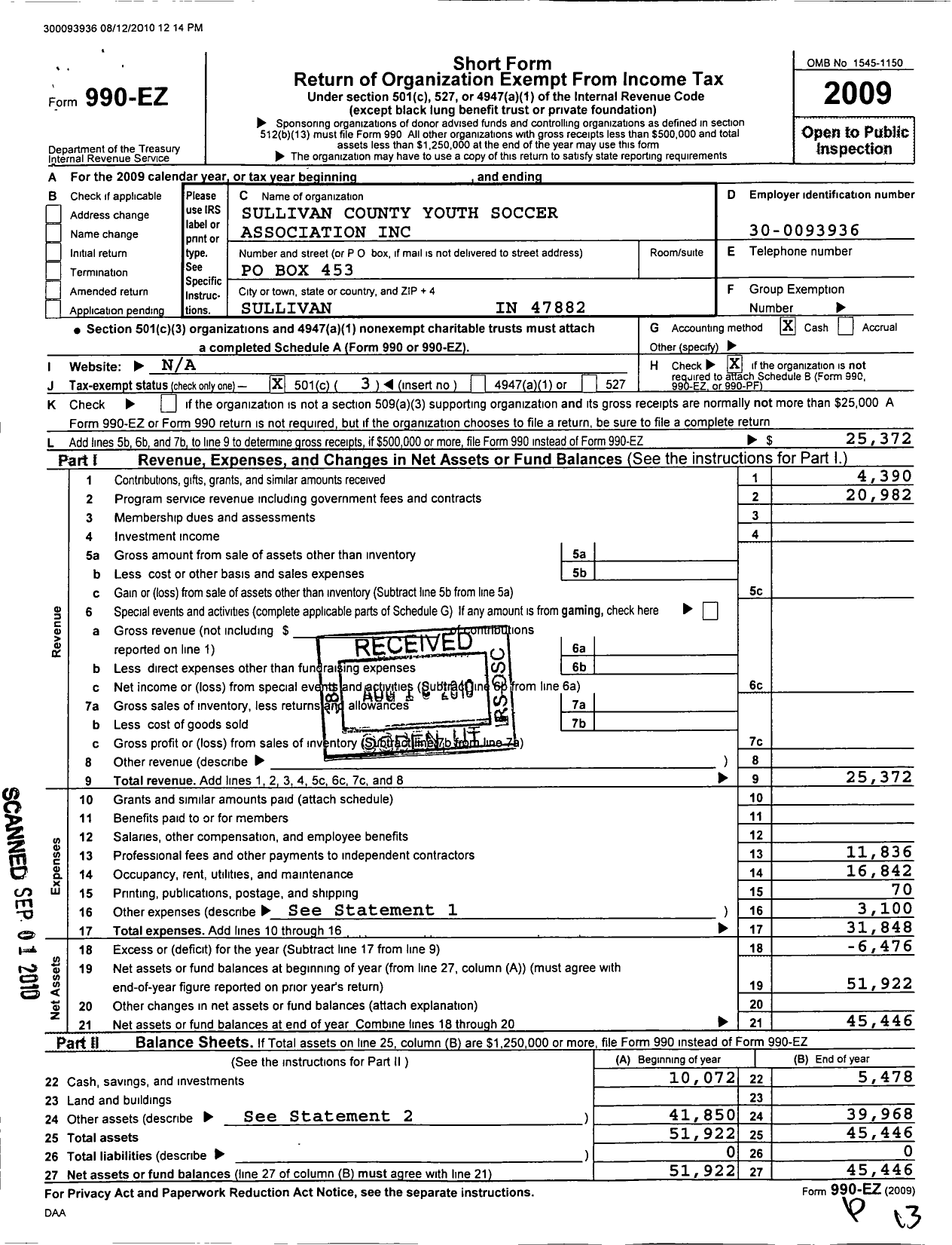 Image of first page of 2009 Form 990EZ for Sullivan County Youth Soccer Association