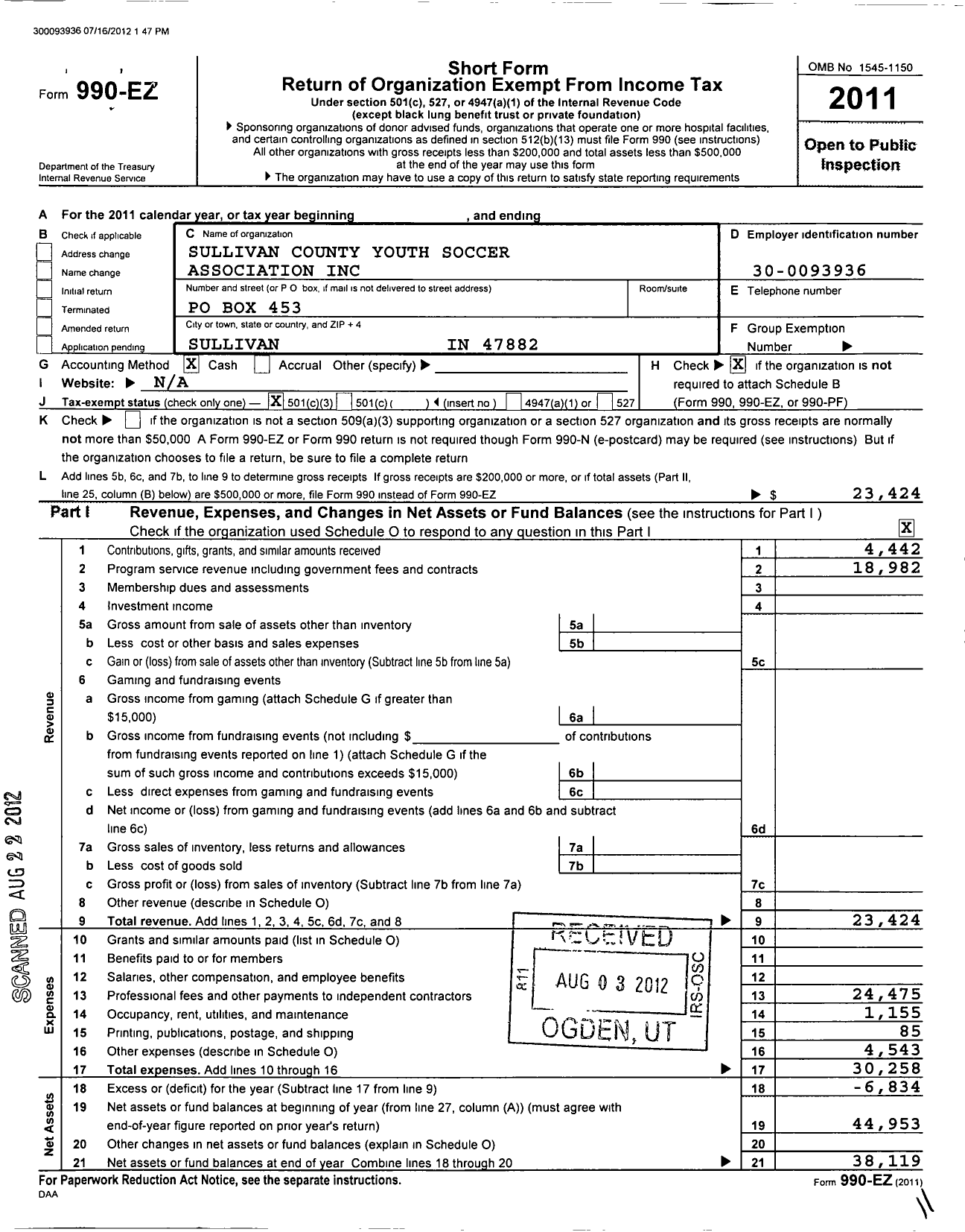 Image of first page of 2011 Form 990EZ for Sullivan County Youth Soccer Association