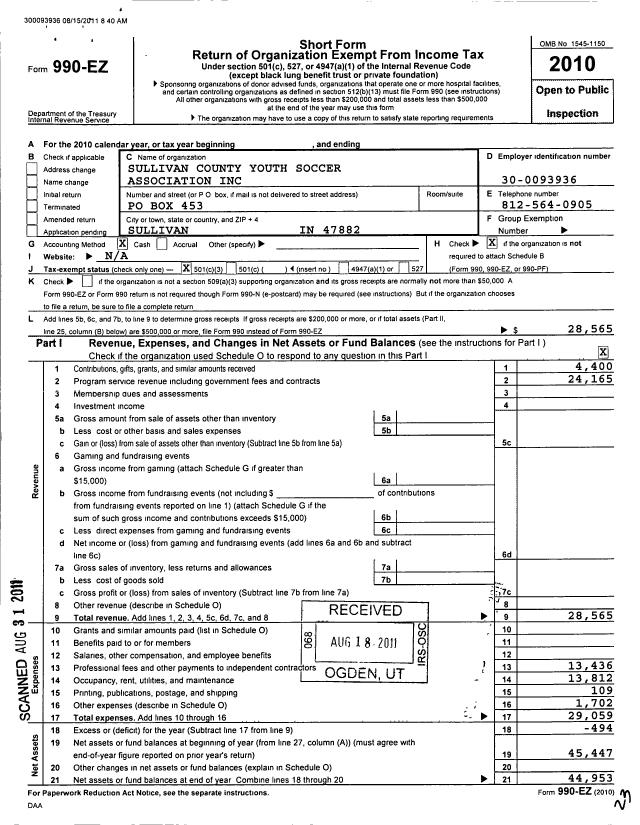 Image of first page of 2010 Form 990EZ for Sullivan County Youth Soccer Association