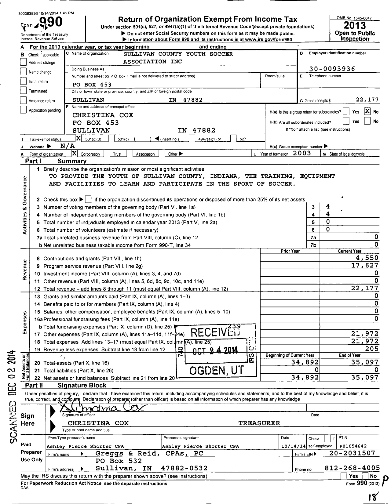 Image of first page of 2013 Form 990 for Sullivan County Youth Soccer Association