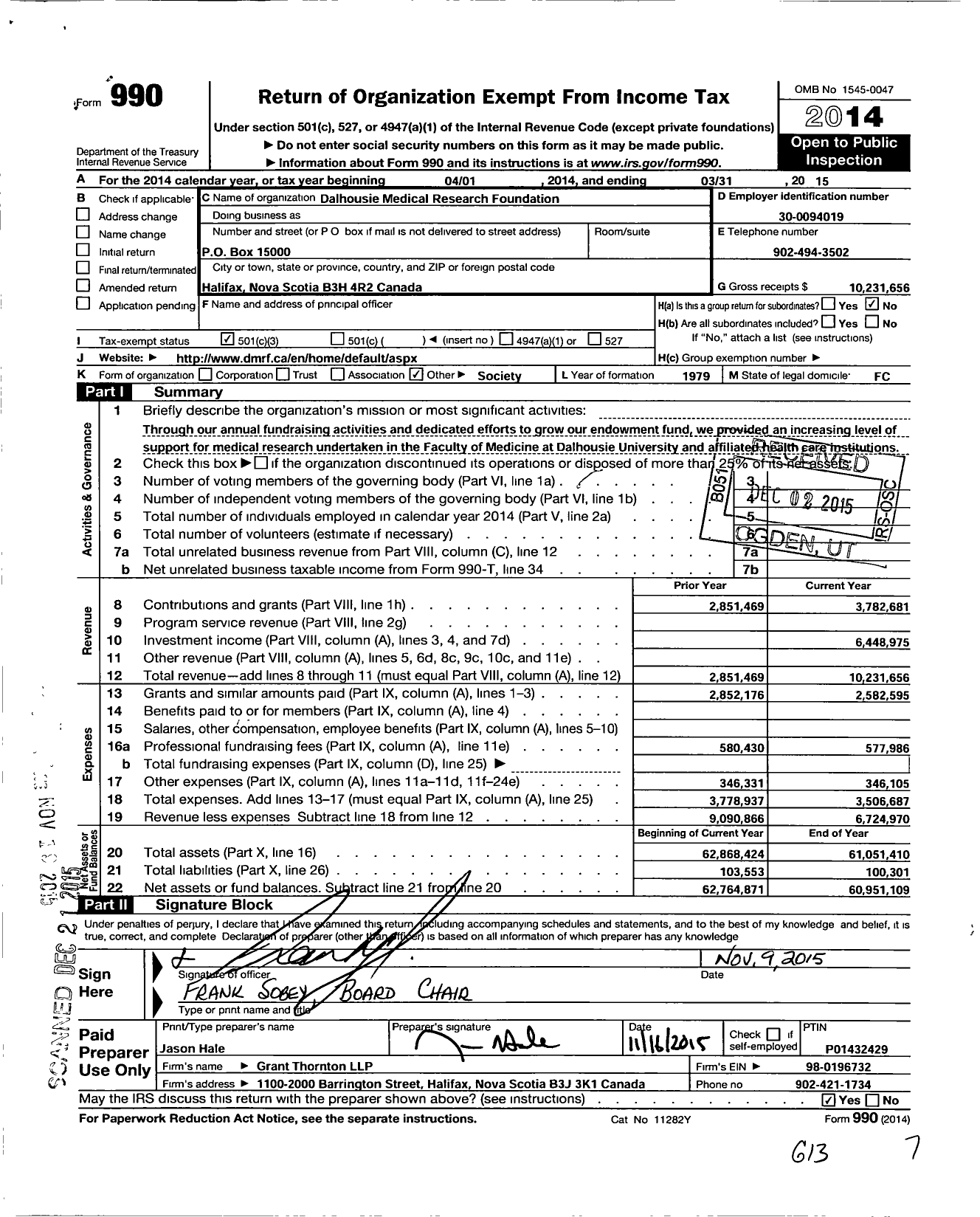 Image of first page of 2014 Form 990 for Dalhousie Medical Research Foundation