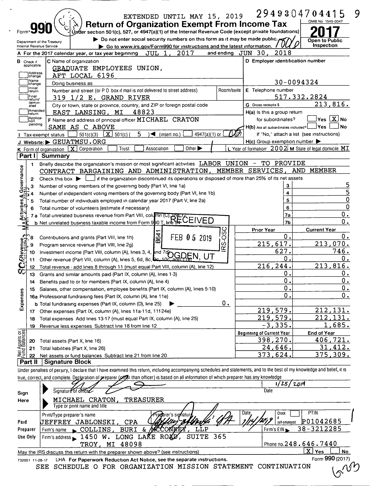 Image of first page of 2017 Form 990O for American Federation of Teachers - 6196 Graduate Employees Union