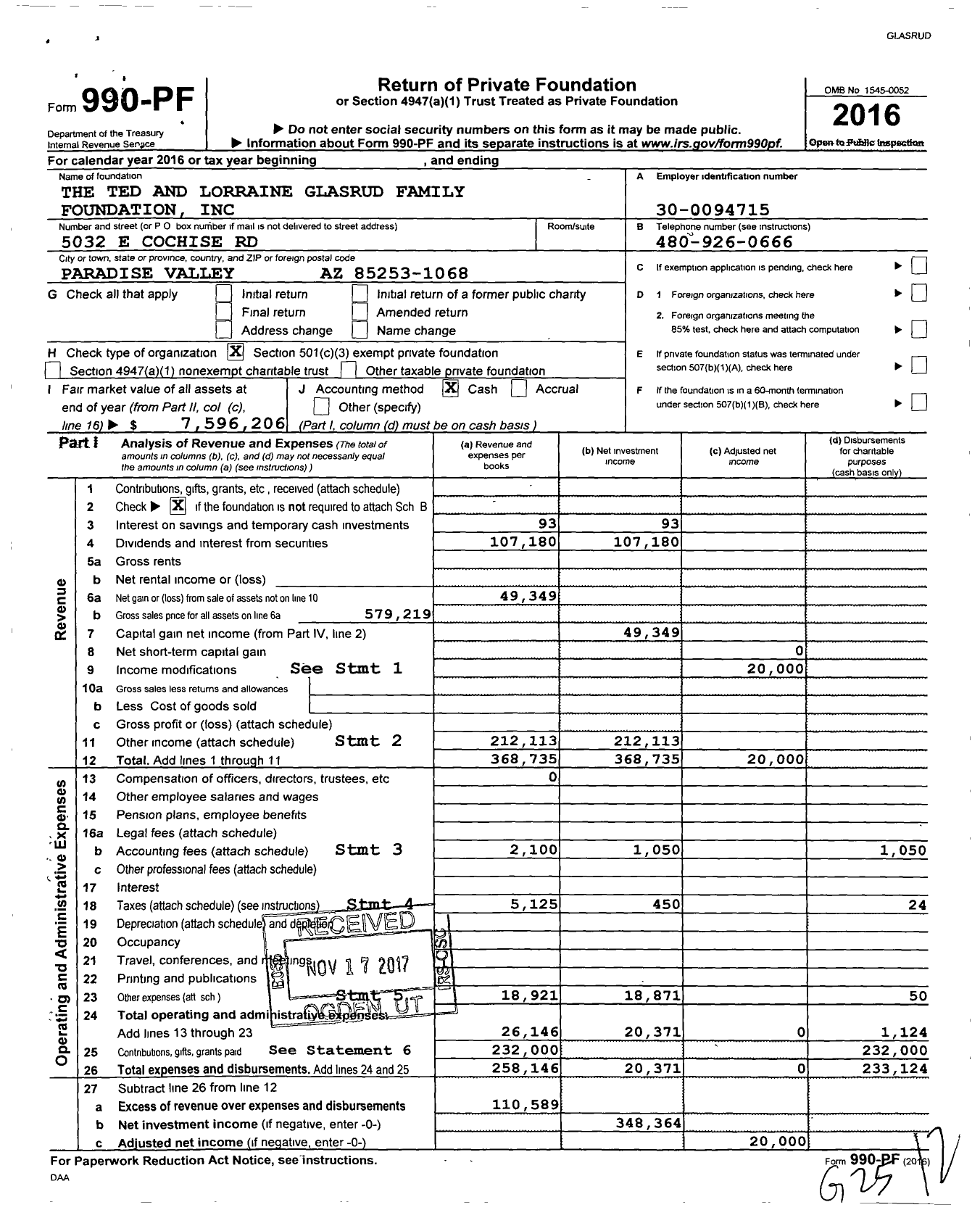 Image of first page of 2016 Form 990PF for The Ted and Lorraine Glasrud Family Foundation