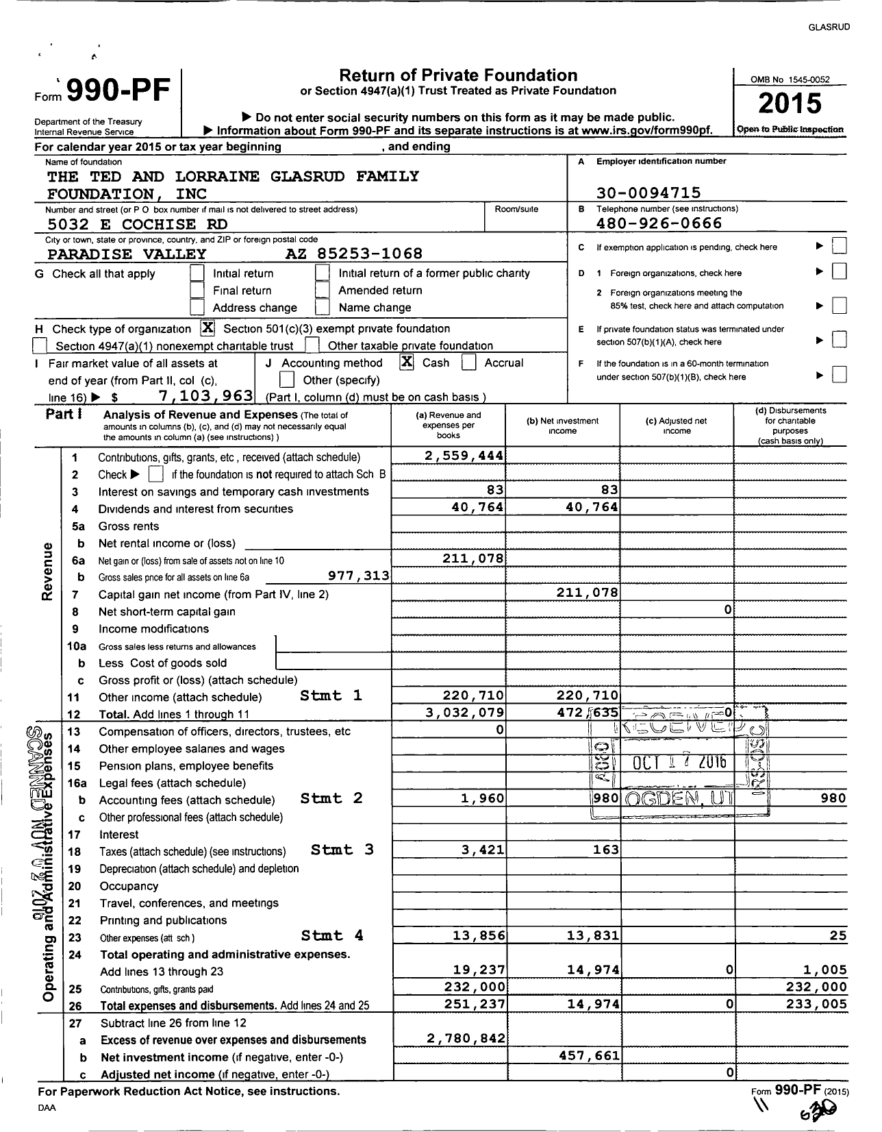 Image of first page of 2015 Form 990PF for The Ted and Lorraine Glasrud Family Foundation