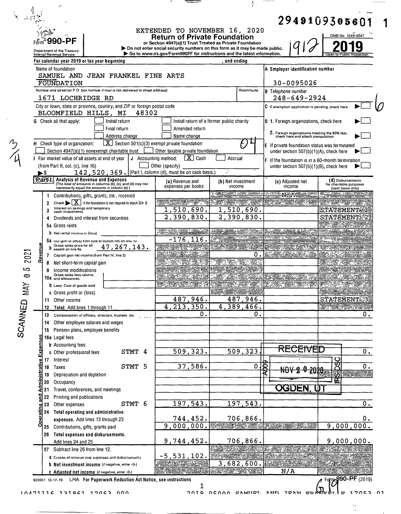 Image of first page of 2019 Form 990PF for Samuel and Jean Frankel Fine Arts Foundation