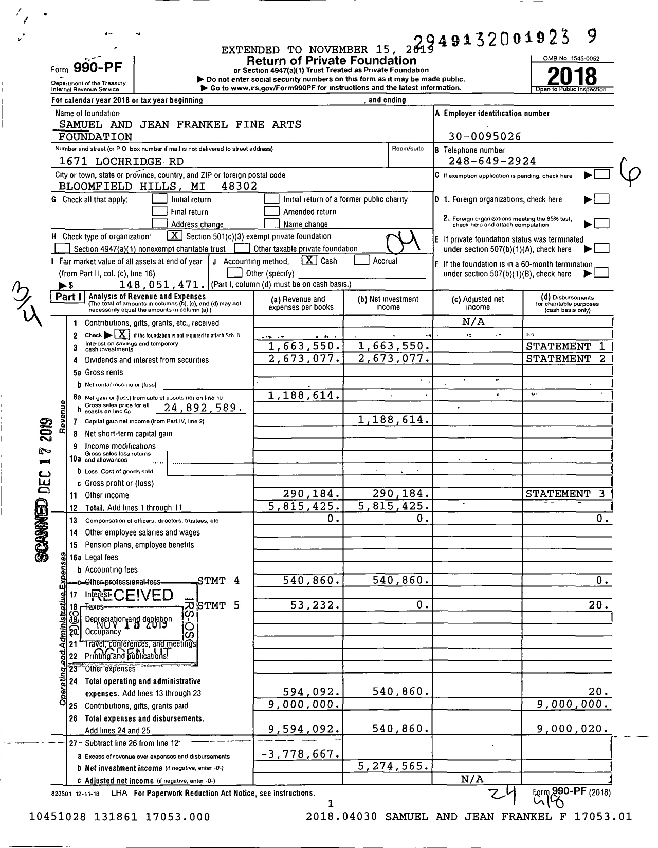 Image of first page of 2018 Form 990PF for Samuel and Jean Frankel Fine Arts Foundation