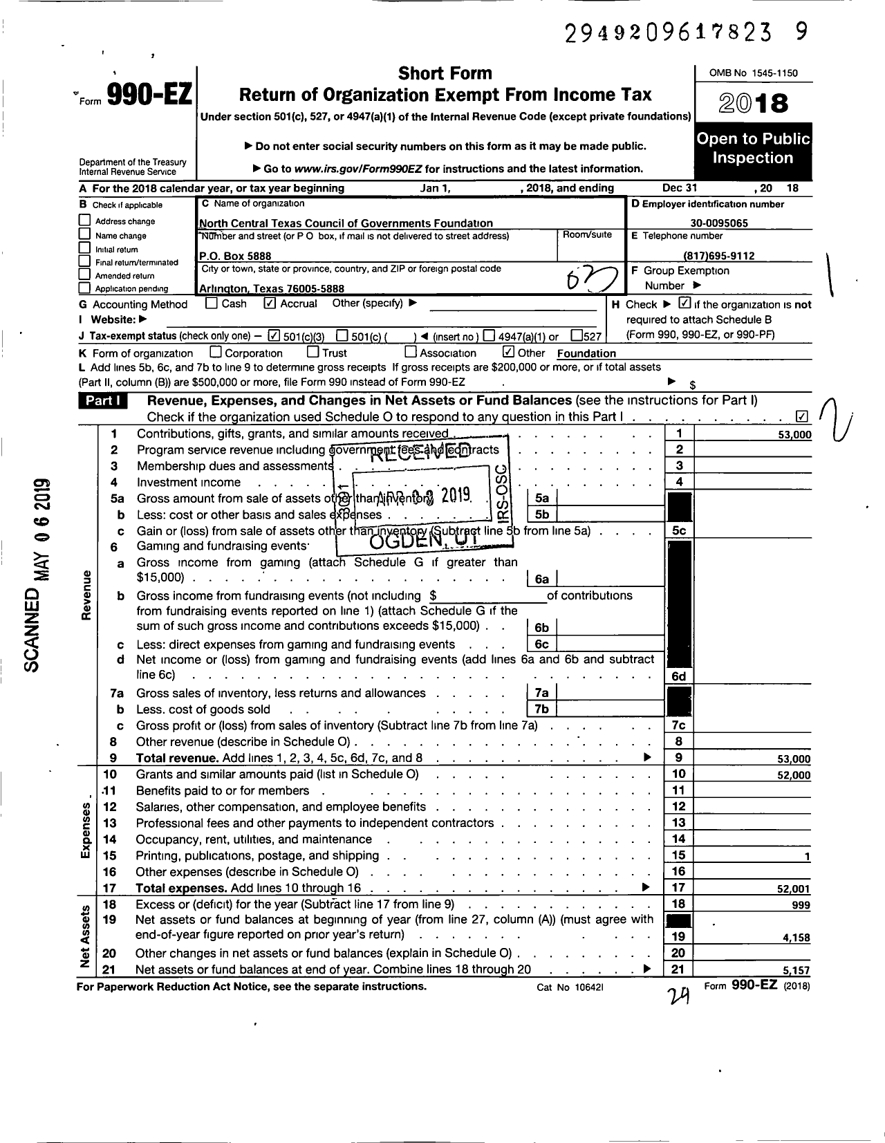 Image of first page of 2018 Form 990EZ for North Central Texas Council of Govt's