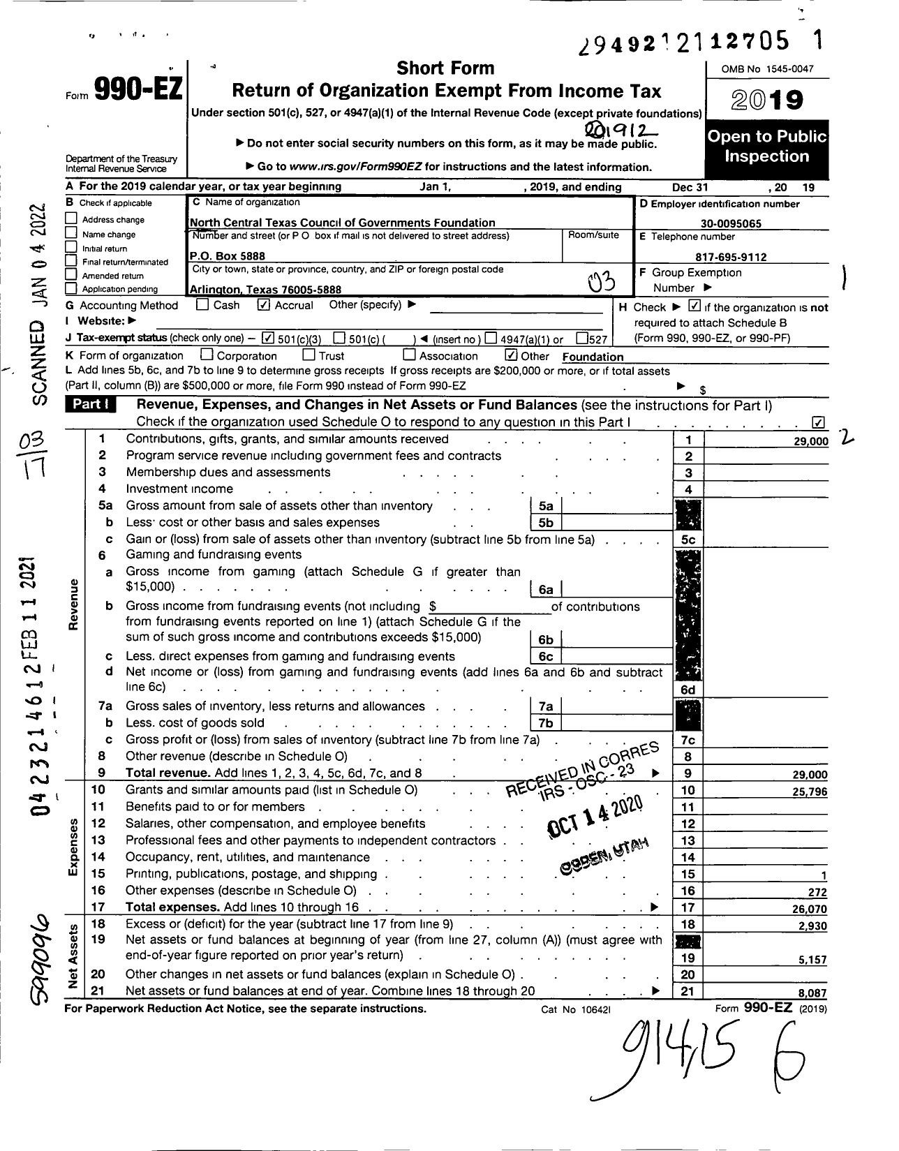 Image of first page of 2019 Form 990EZ for North Central Texas Council of Govt's