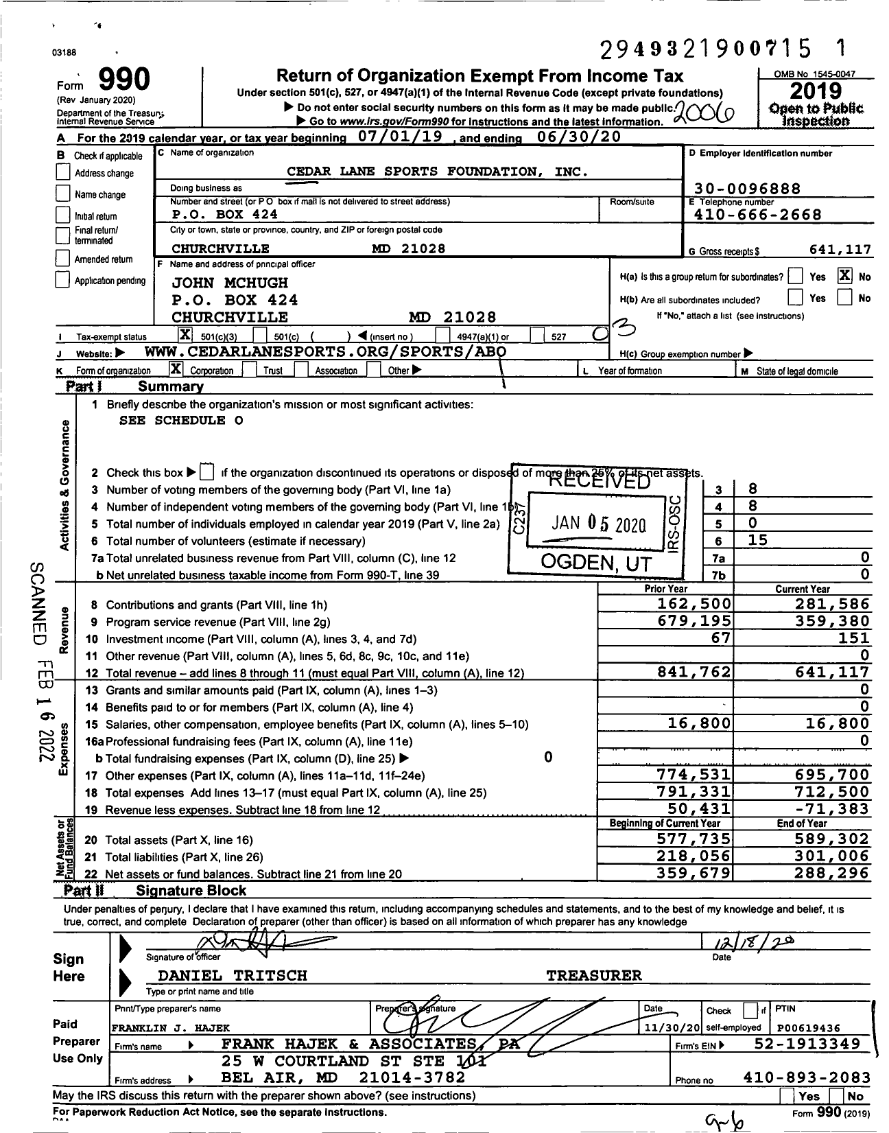 Image of first page of 2019 Form 990 for Cedar Lane Sports Foundation