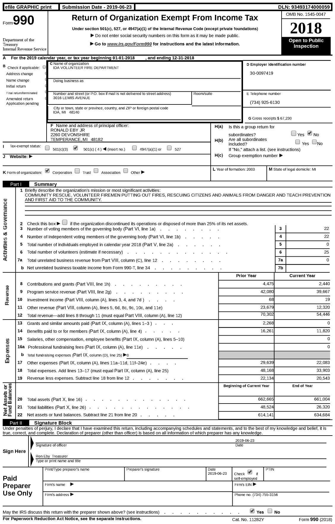 Image of first page of 2018 Form 990 for Ida Volunteer Fire Department