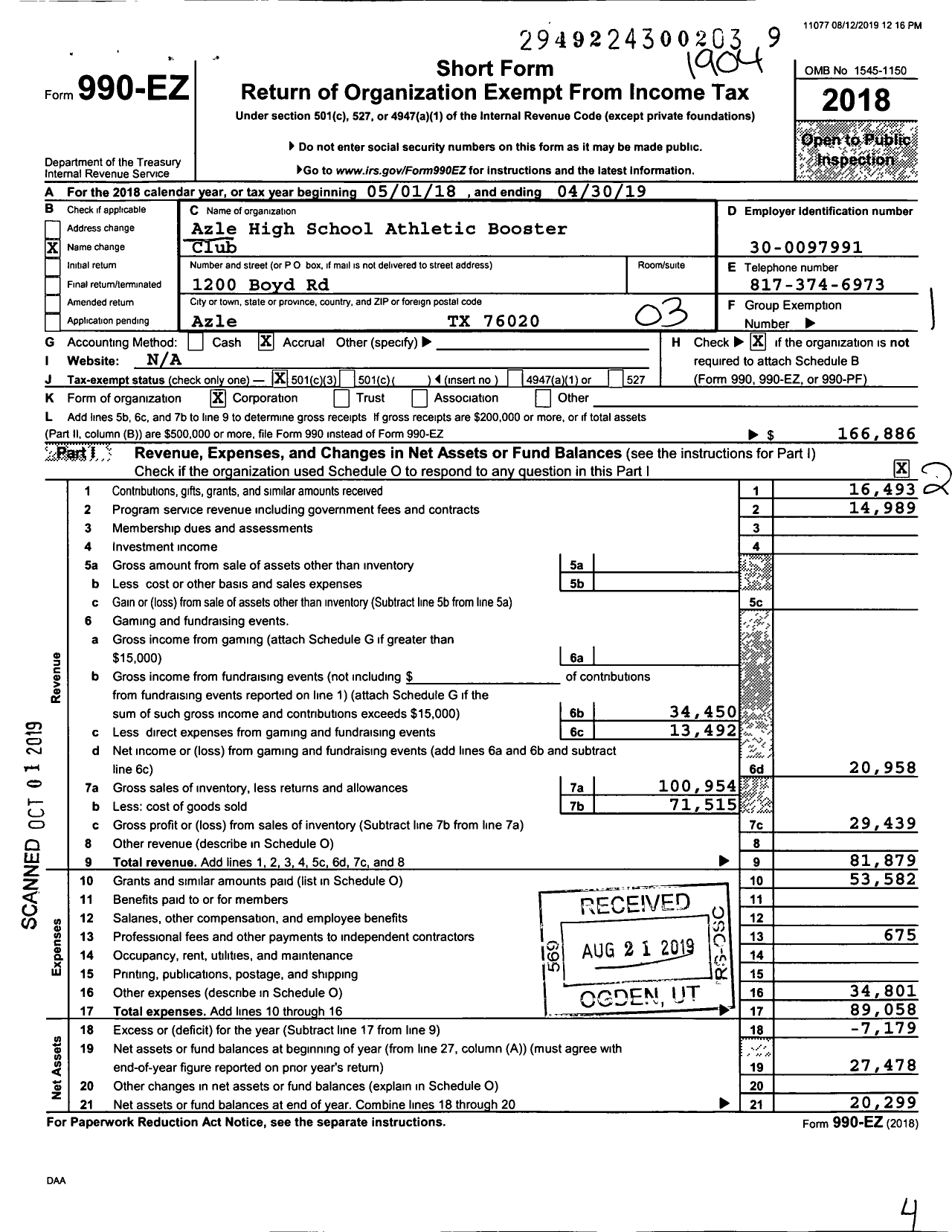 Image of first page of 2018 Form 990EZ for Azle High School Athletic Booster Club