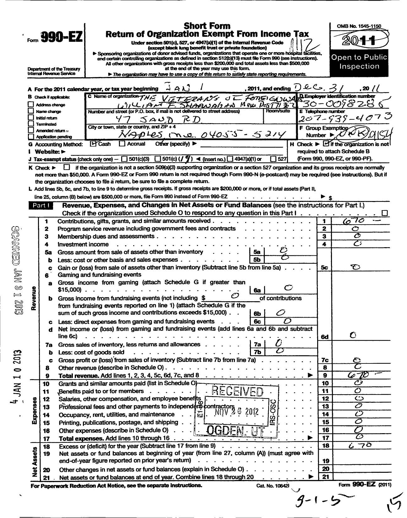 Image of first page of 2011 Form 990EO for Veterans of Foreign Wars of the United States Dept of Maine - 11362 William F Shanahan Mem Post