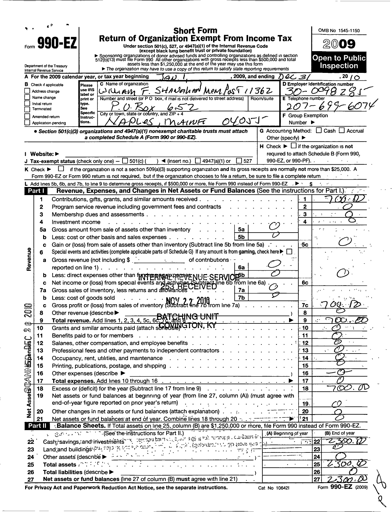 Image of first page of 2010 Form 990EO for Veterans of Foreign Wars of the United States Dept of Maine - 11362 William F Shanahan Mem Post