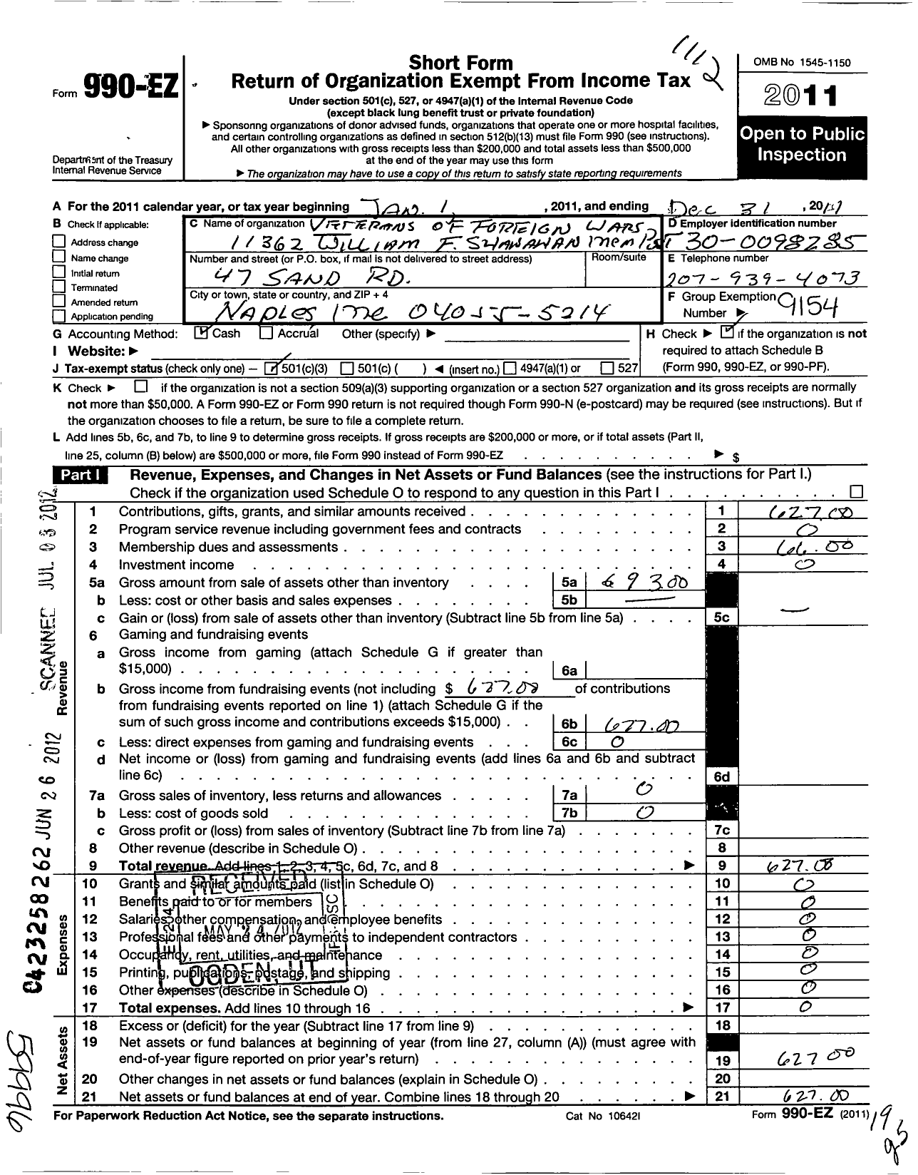 Image of first page of 2011 Form 990EZ for Veterans of Foreign Wars of the United States Dept of Maine - 11362 William F Shanahan Mem Post