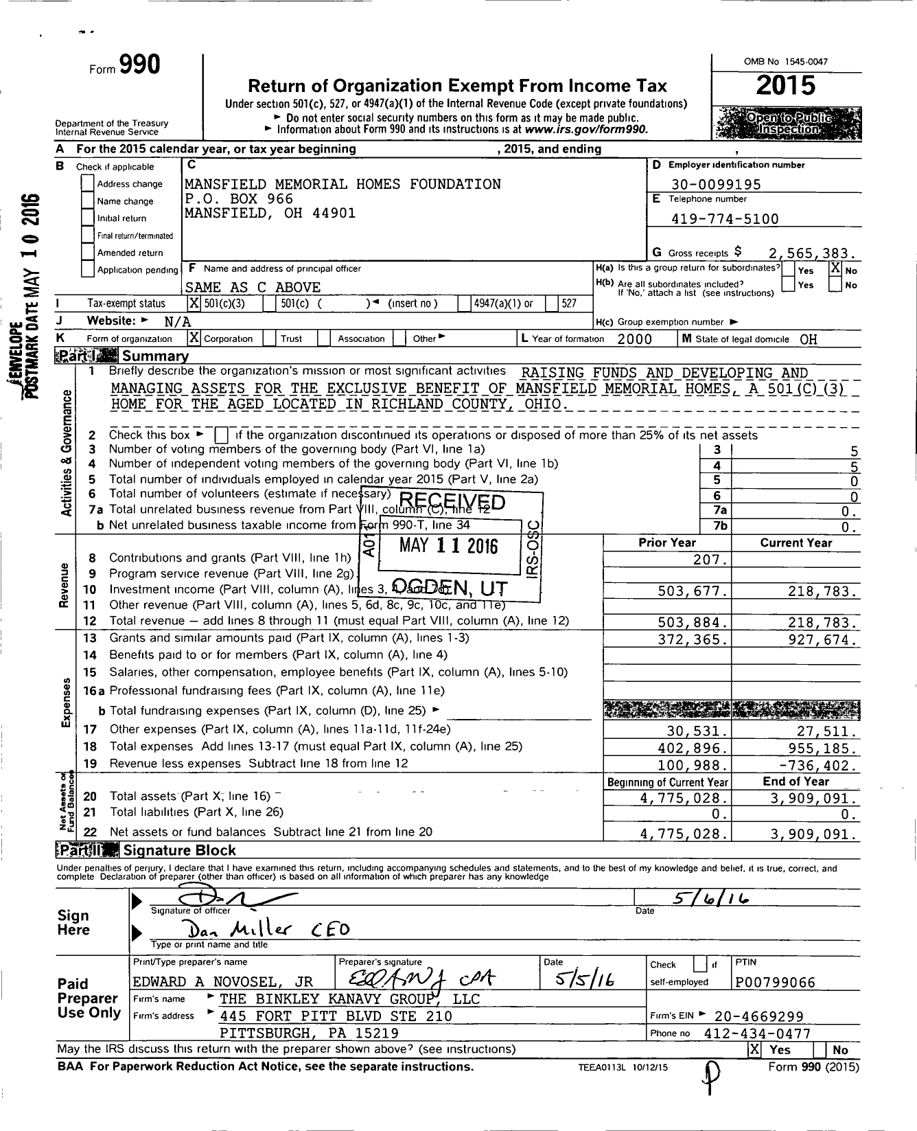 Image of first page of 2015 Form 990 for Mansfield Memorial Homes Foundation