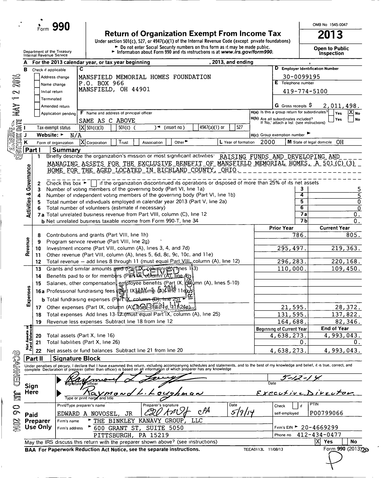 Image of first page of 2013 Form 990 for Mansfield Memorial Homes Foundation