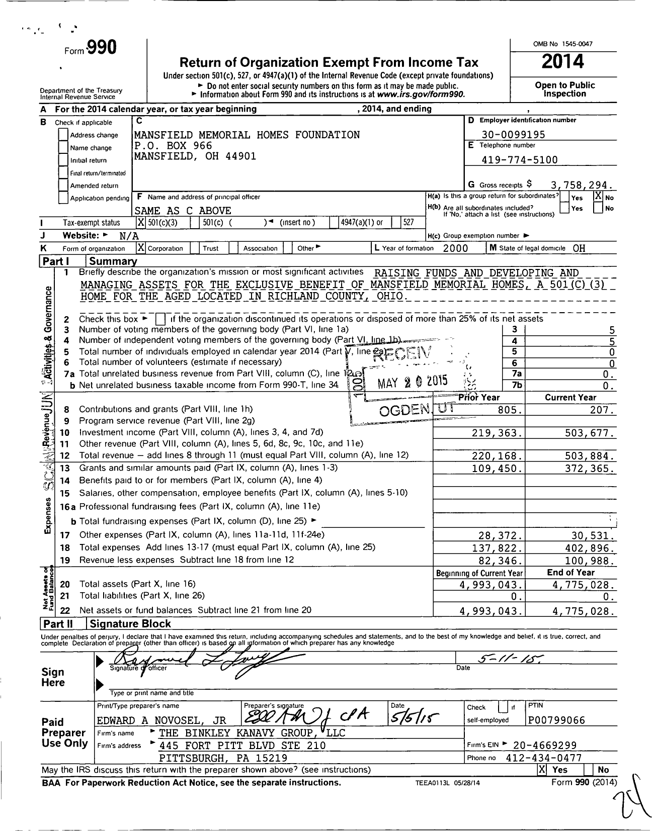 Image of first page of 2014 Form 990 for Mansfield Memorial Homes Foundation