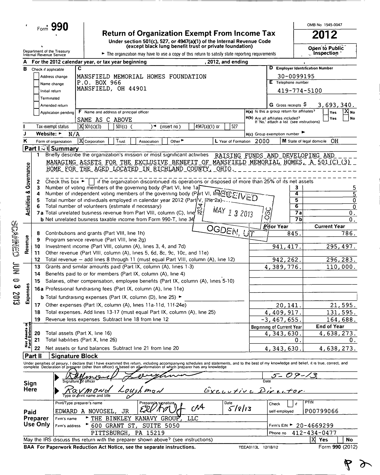 Image of first page of 2012 Form 990 for Mansfield Memorial Homes Foundation