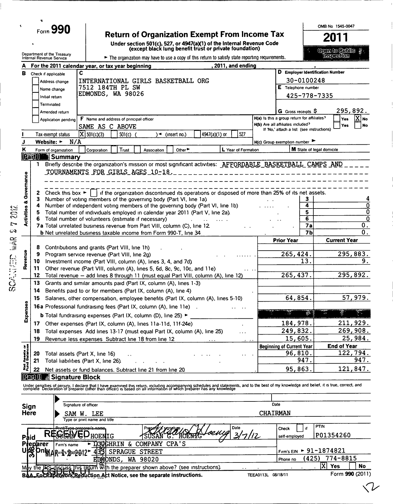 Image of first page of 2011 Form 990 for International Girls Basketball Organization