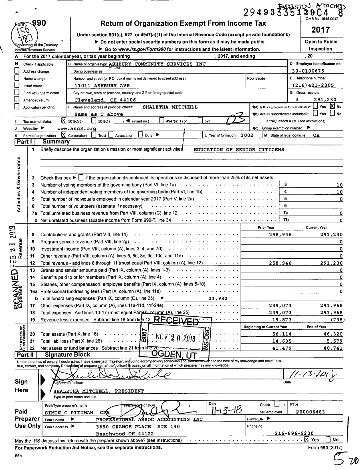 Image of first page of 2017 Form 990 for Ashbury Community Services