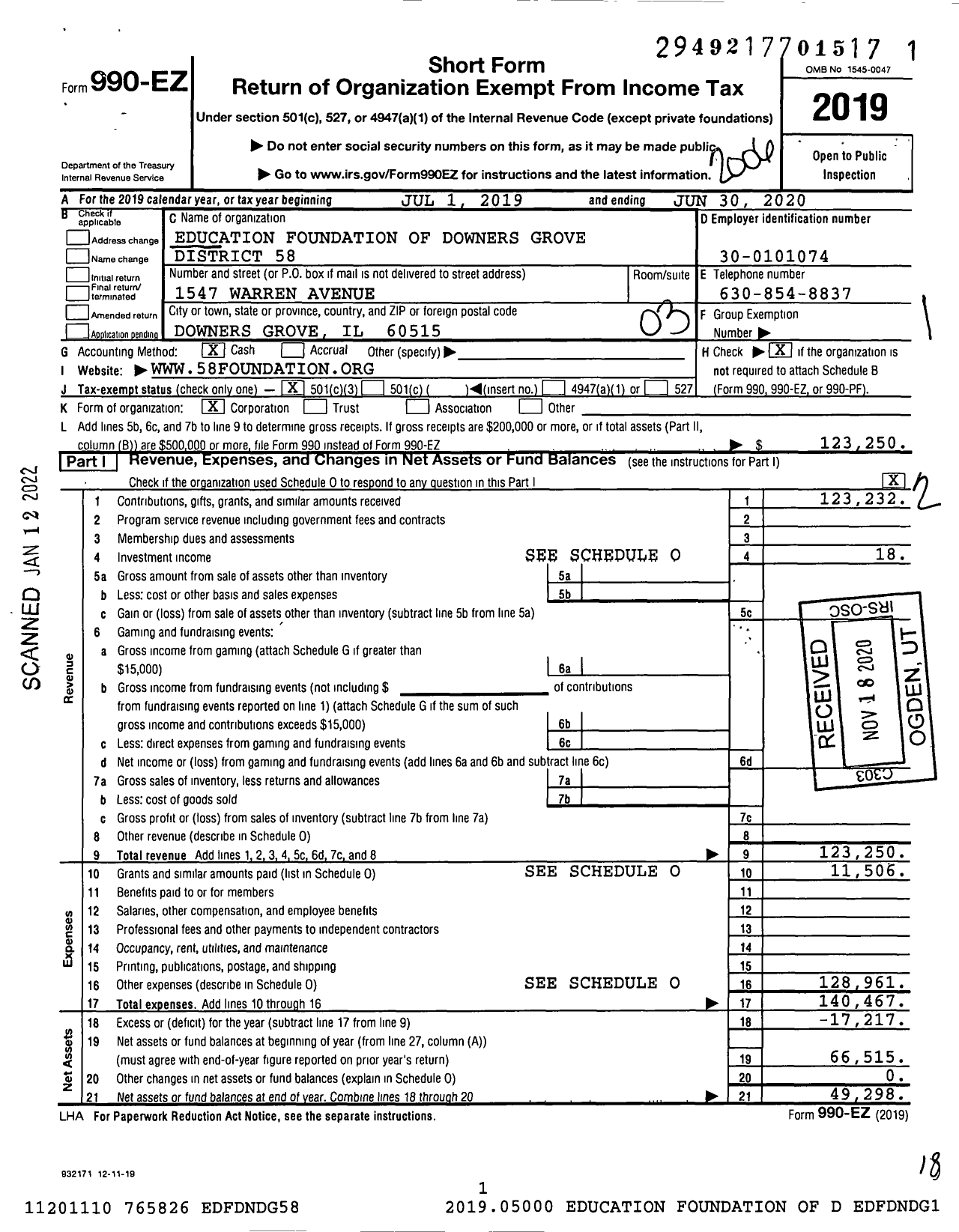 Image of first page of 2019 Form 990EZ for Education Foundation of Downers Grove District 58