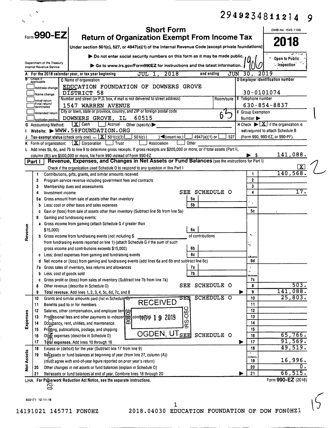 Image of first page of 2018 Form 990EZ for Education Foundation of Downers Grove District 58