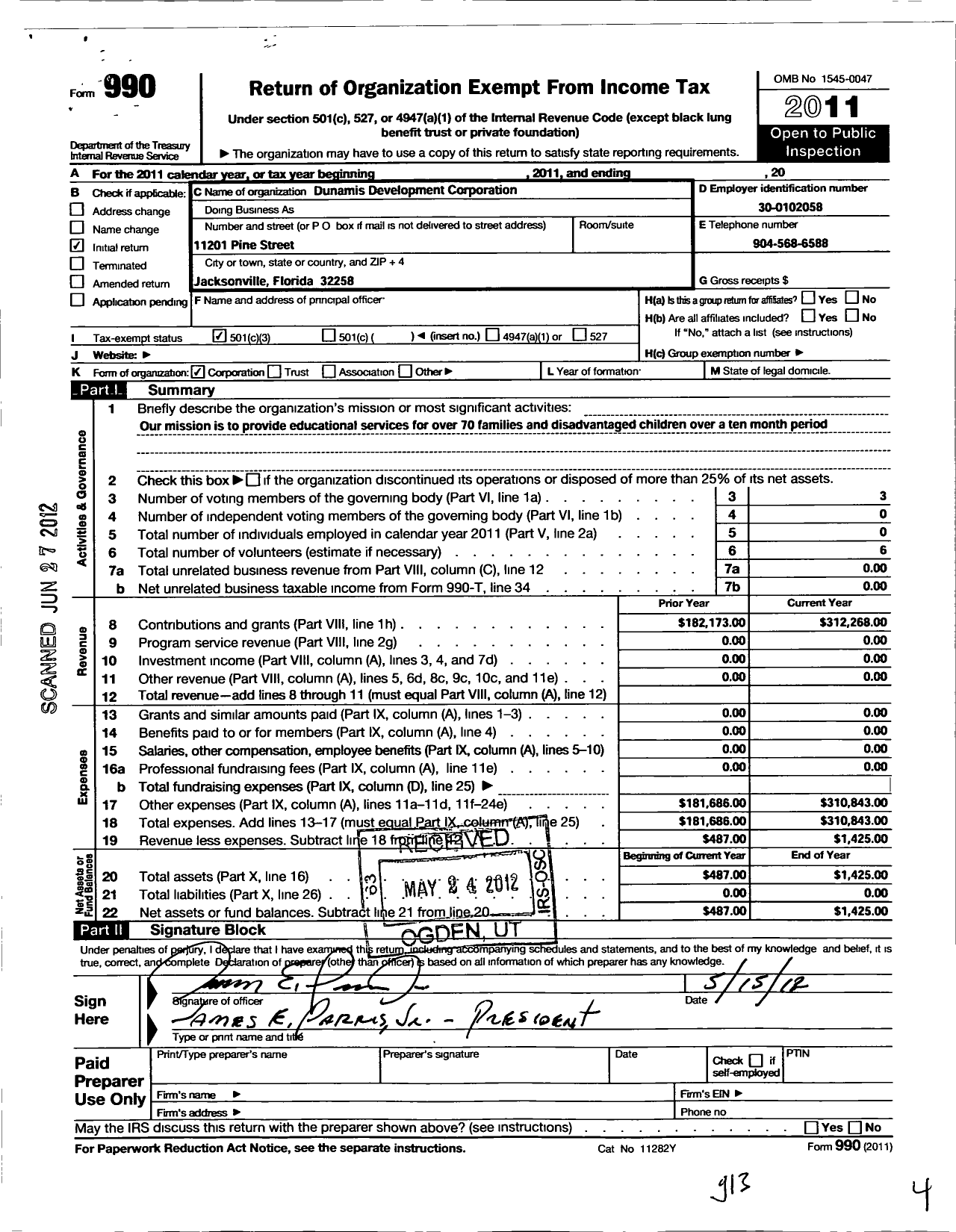 Image of first page of 2011 Form 990 for Dunamis Development Corporation