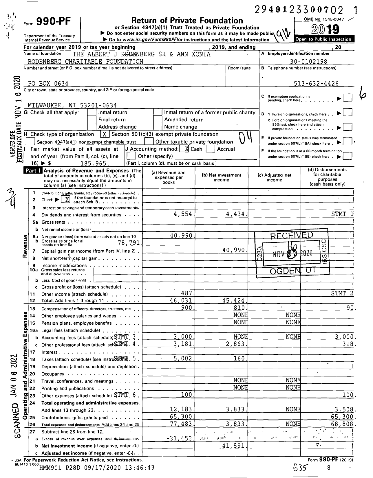 Image of first page of 2019 Form 990PF for The Albert J Rodenberg SR and Ann Xonia