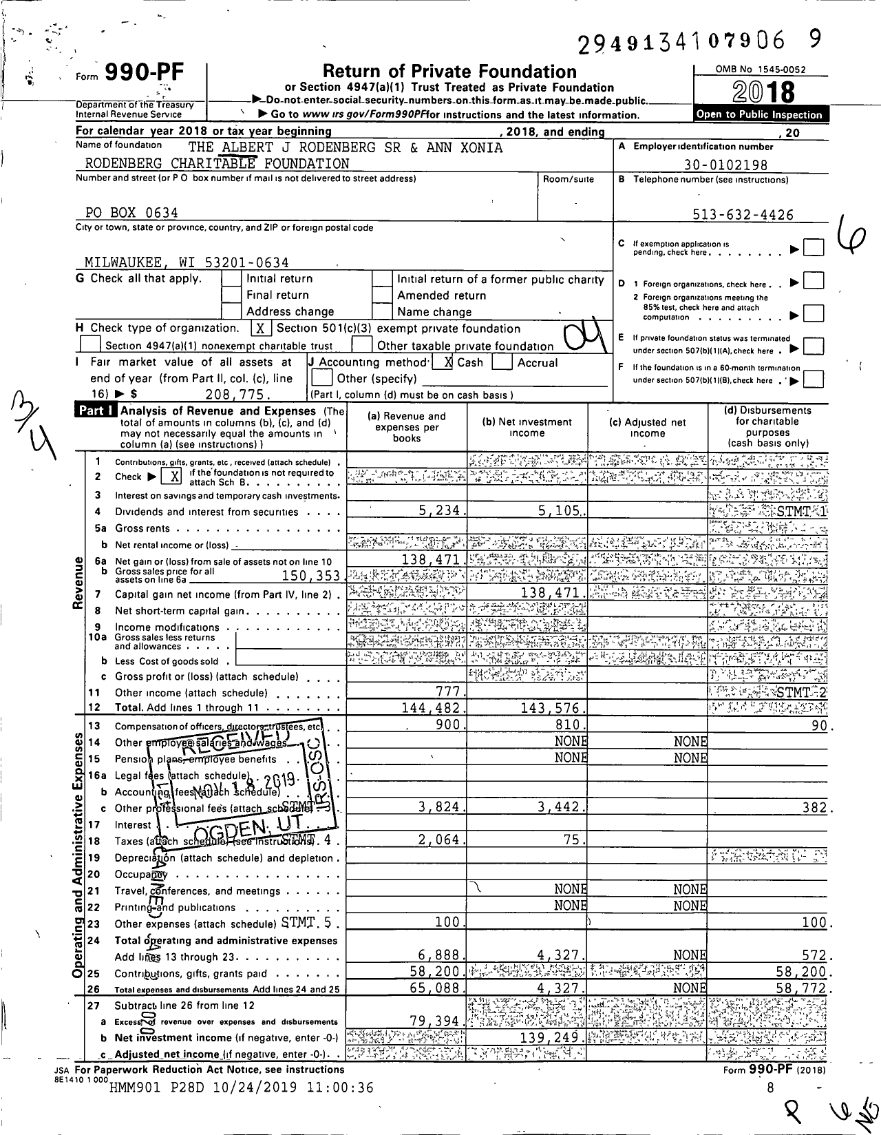 Image of first page of 2018 Form 990PF for The Albert J Rodenberg SR and Ann Xonia