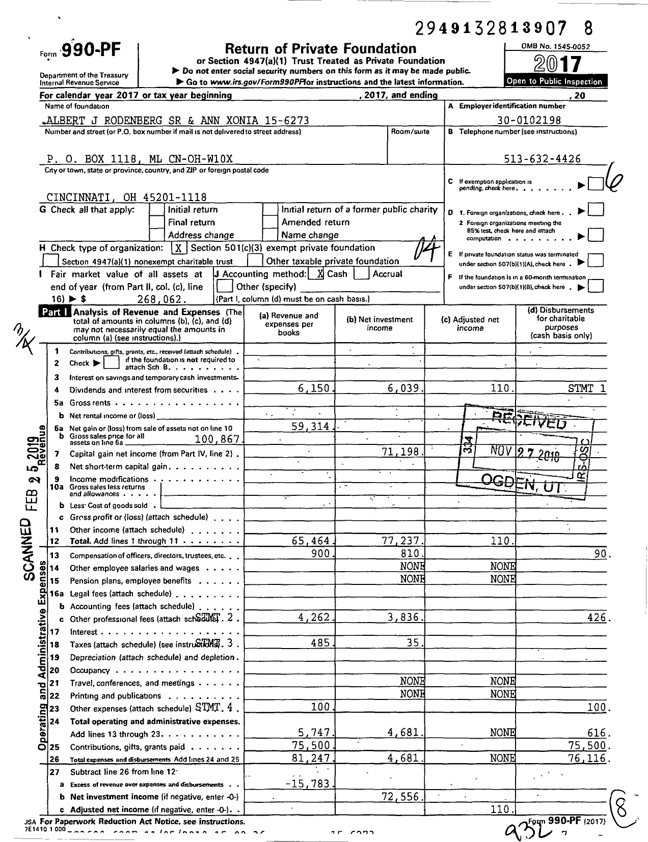 Image of first page of 2017 Form 990PF for The Albert J Rodenberg SR and Ann Xonia