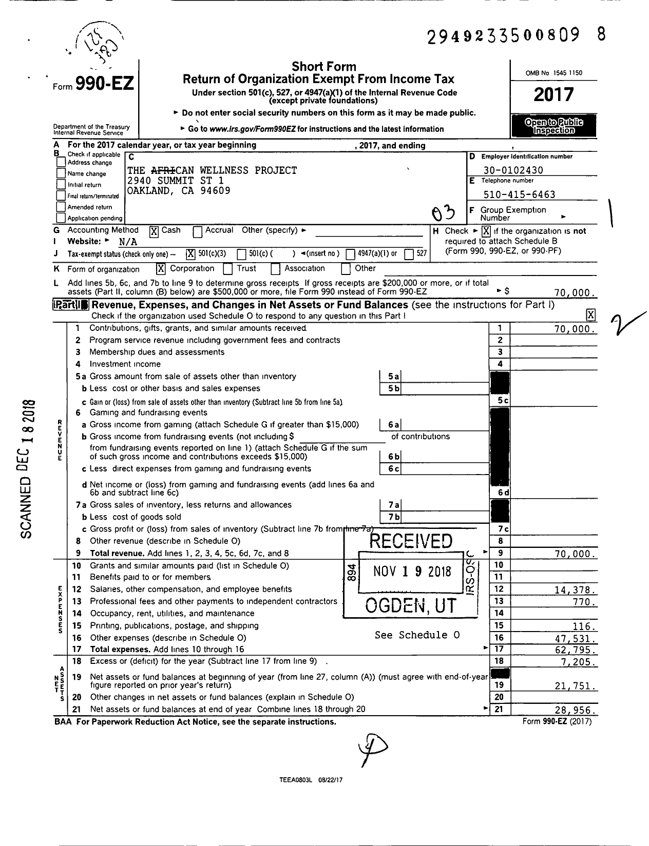 Image of first page of 2017 Form 990EZ for African American Wellness Project