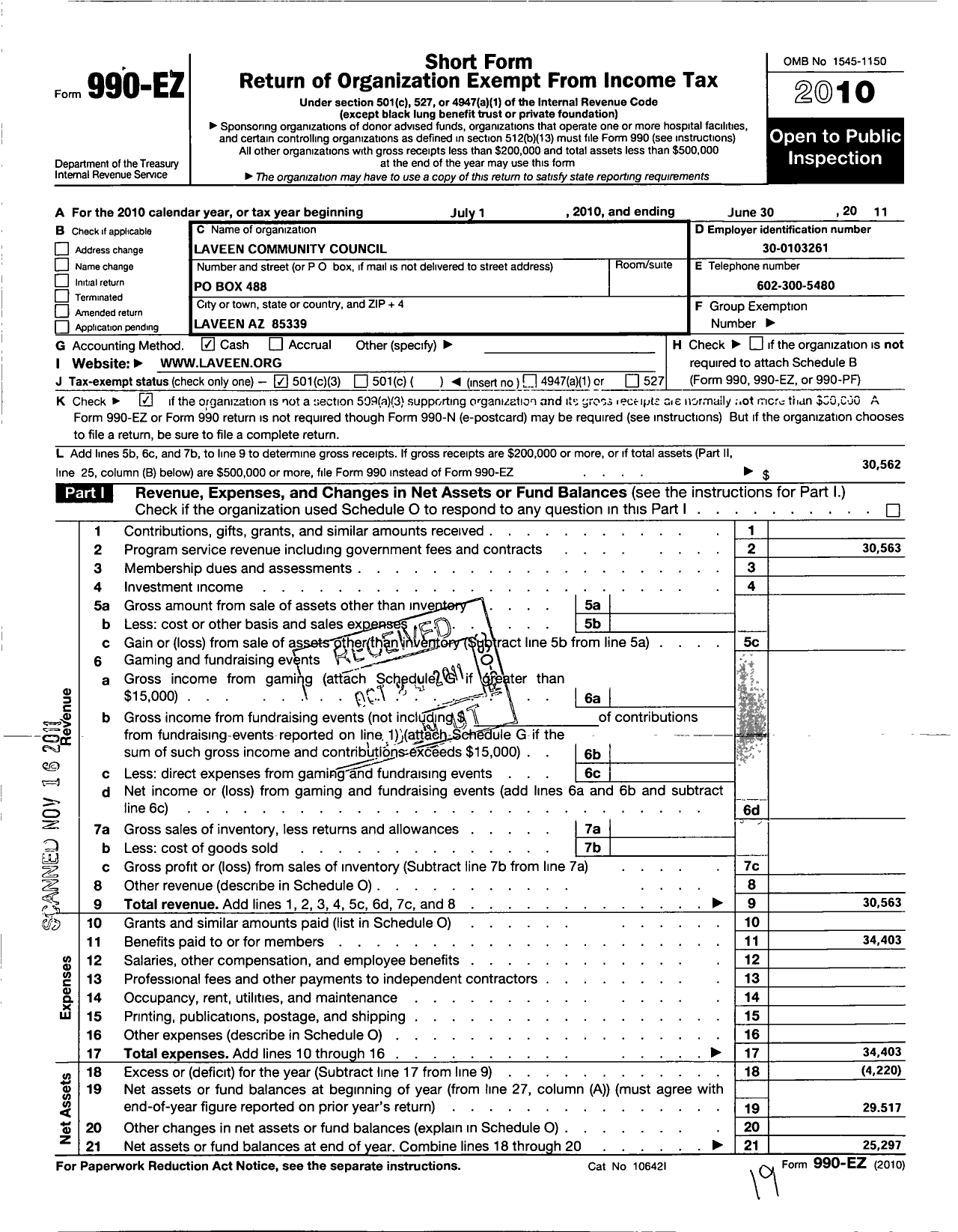 Image of first page of 2010 Form 990EZ for Laveen Community Council