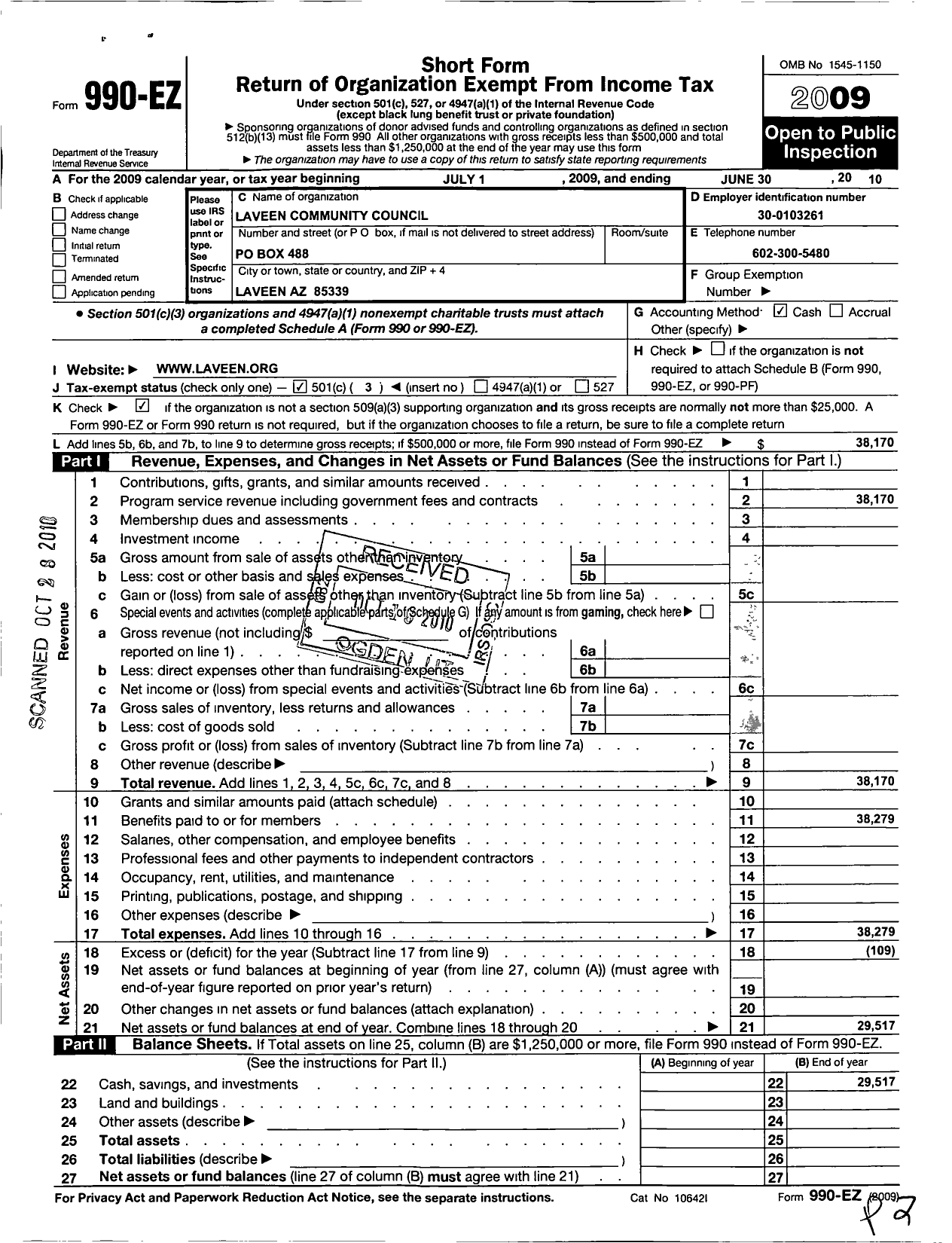 Image of first page of 2009 Form 990EZ for Laveen Community Council