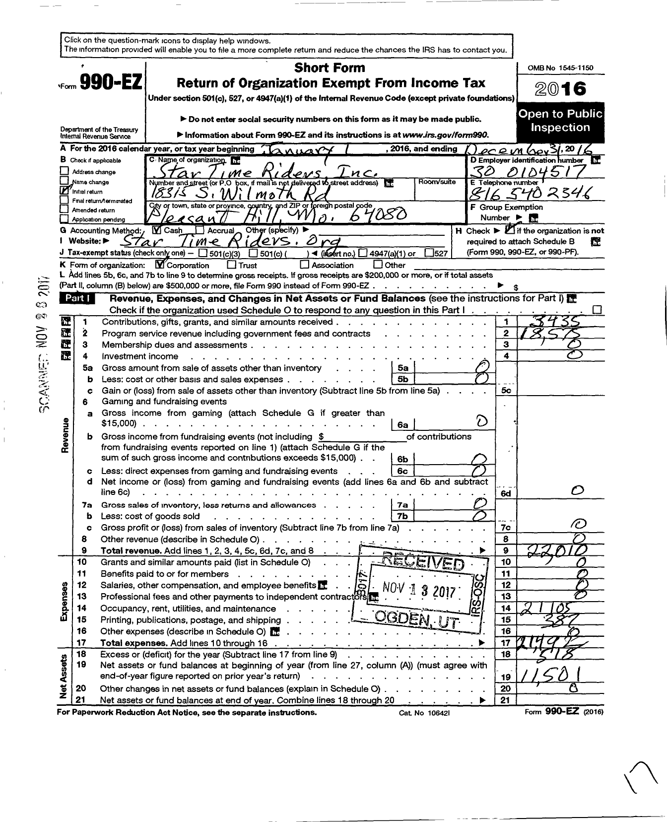 Image of first page of 2016 Form 990EO for Star Time Riders