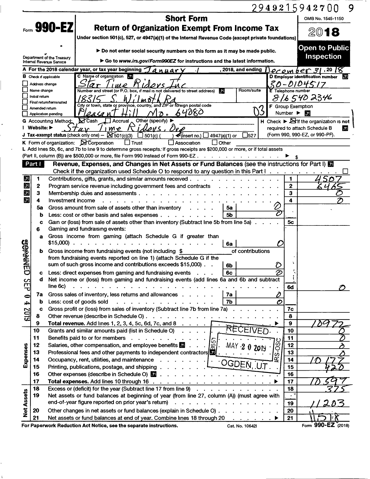 Image of first page of 2018 Form 990EZ for Star Time Riders