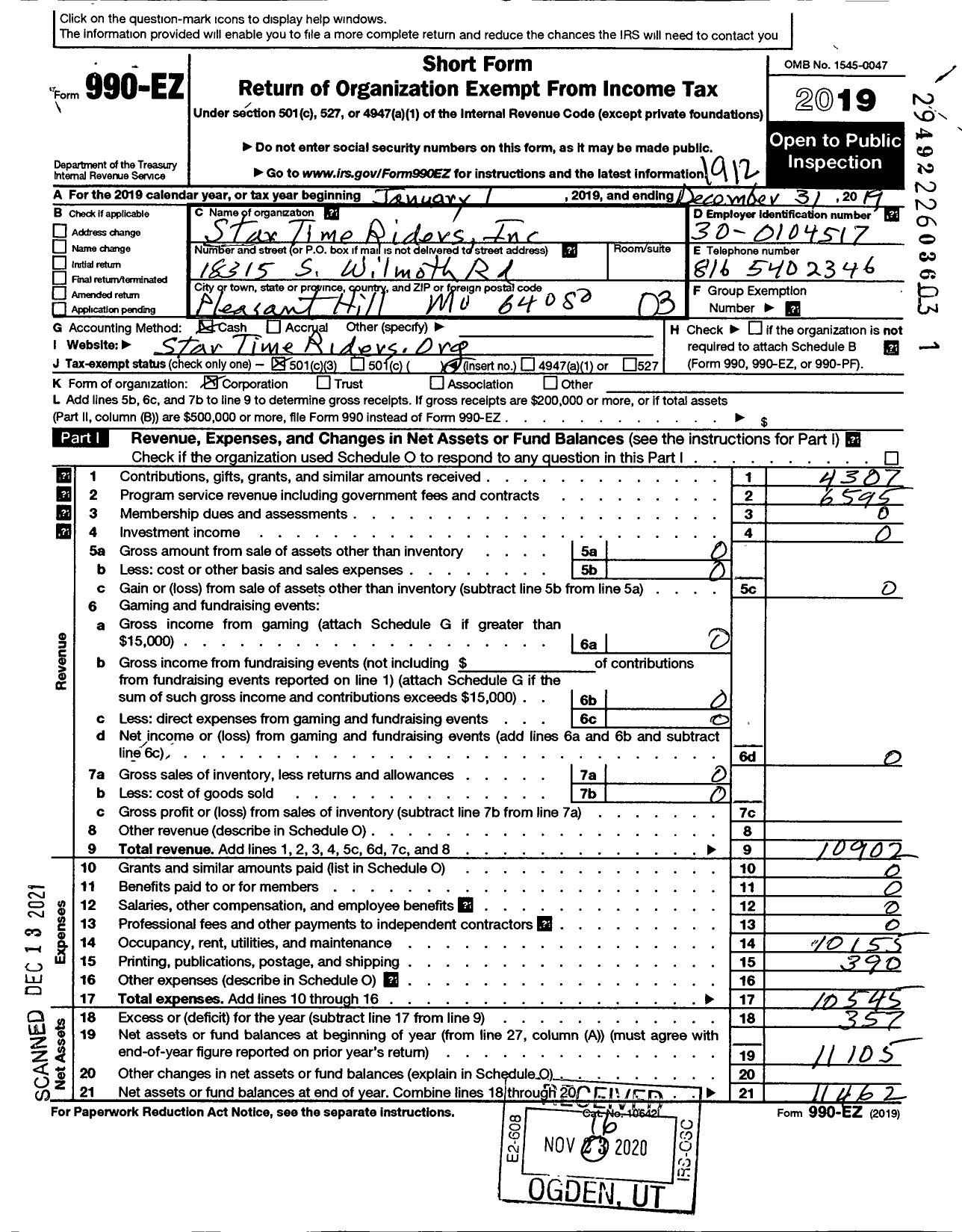 Image of first page of 2019 Form 990EZ for Star Time Riders