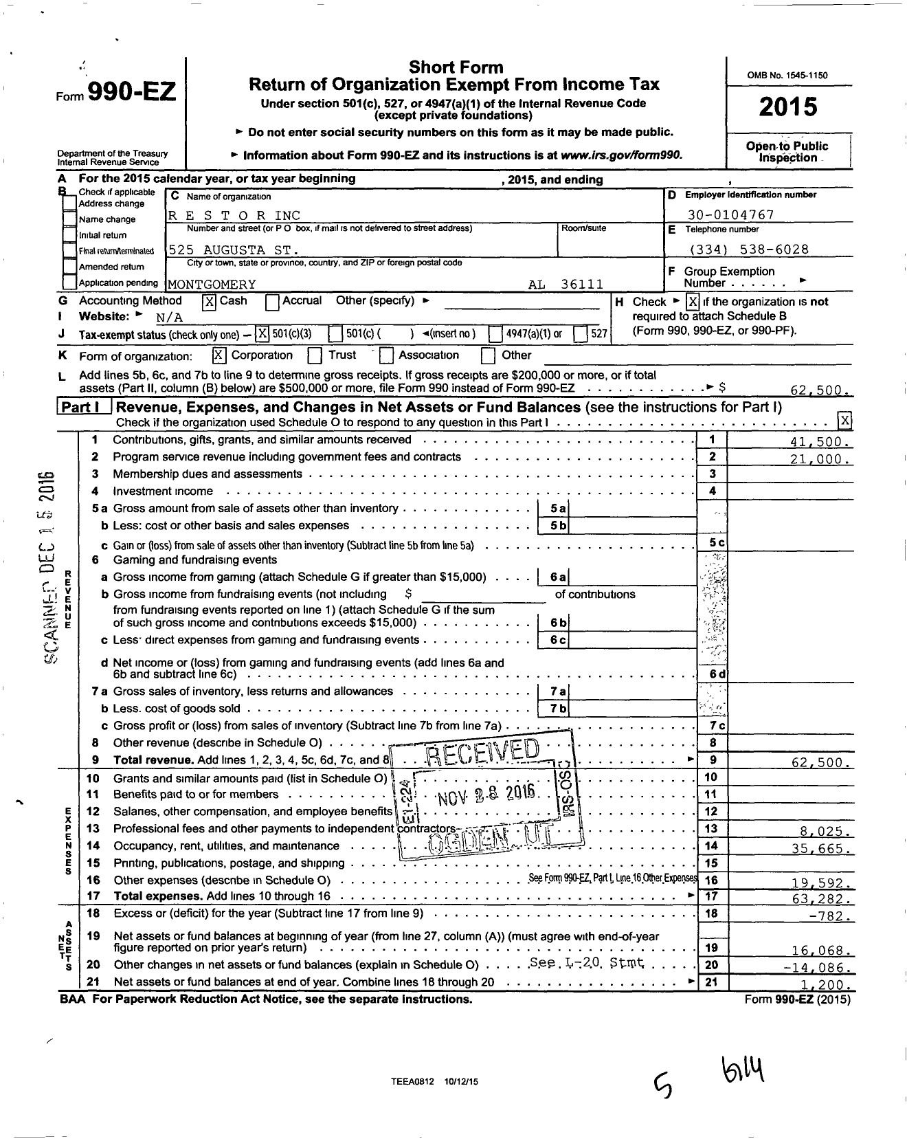 Image of first page of 2015 Form 990EZ for R E S T O R