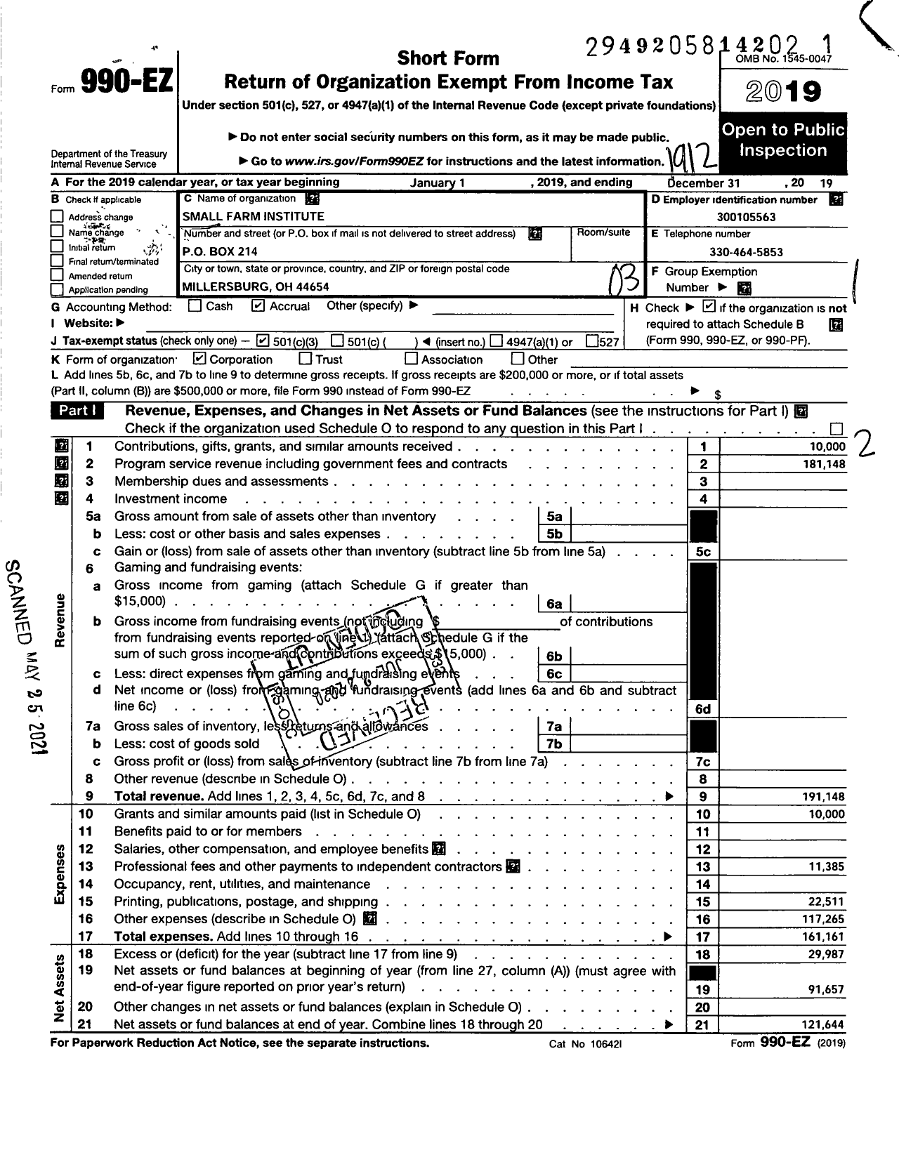 Image of first page of 2019 Form 990EZ for Small Farm Institute