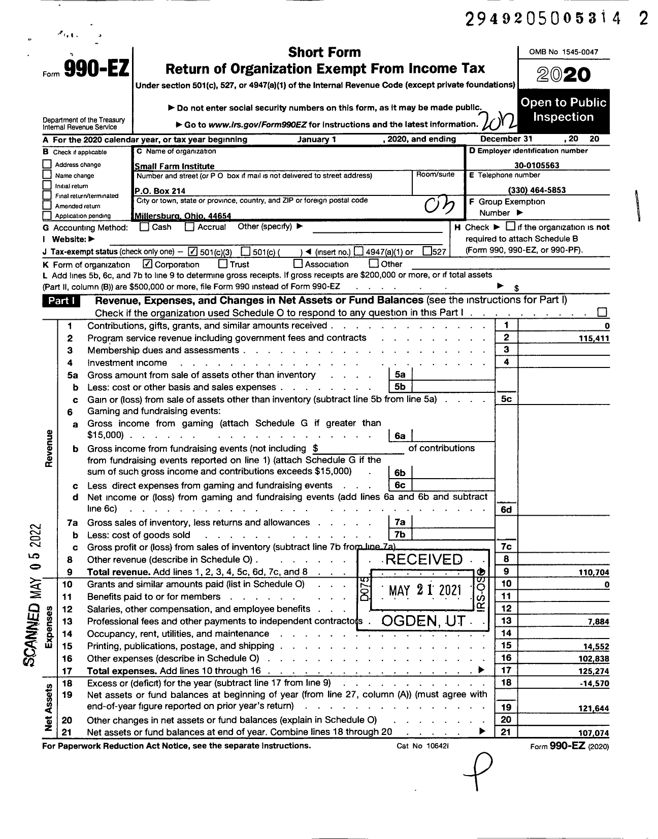 Image of first page of 2020 Form 990EZ for Small Farm Institute