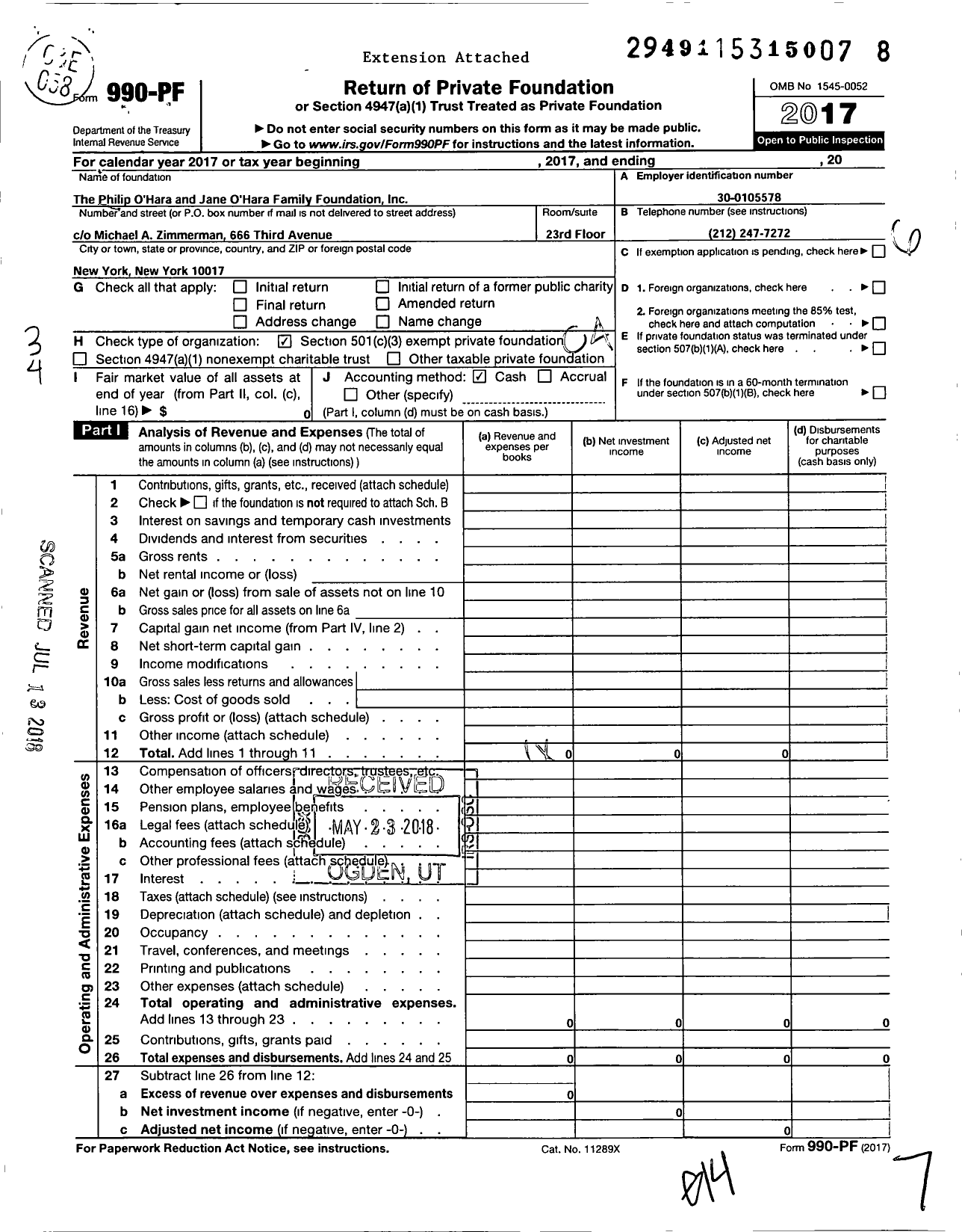 Image of first page of 2017 Form 990PF for The Philip Ohara and Jane Ohara Family Foundation