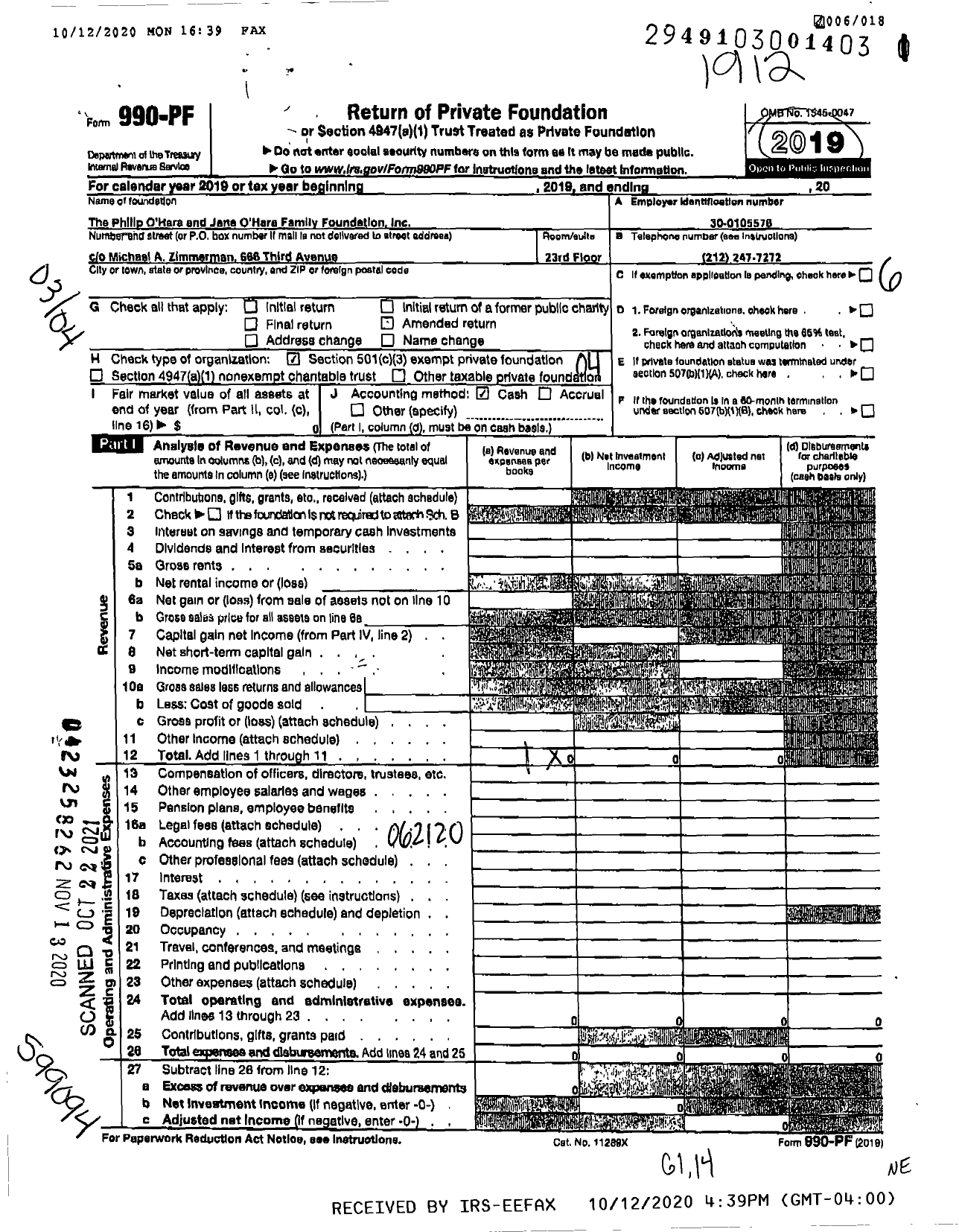 Image of first page of 2019 Form 990PF for The Philip Ohara and Jane Ohara Family Foundation