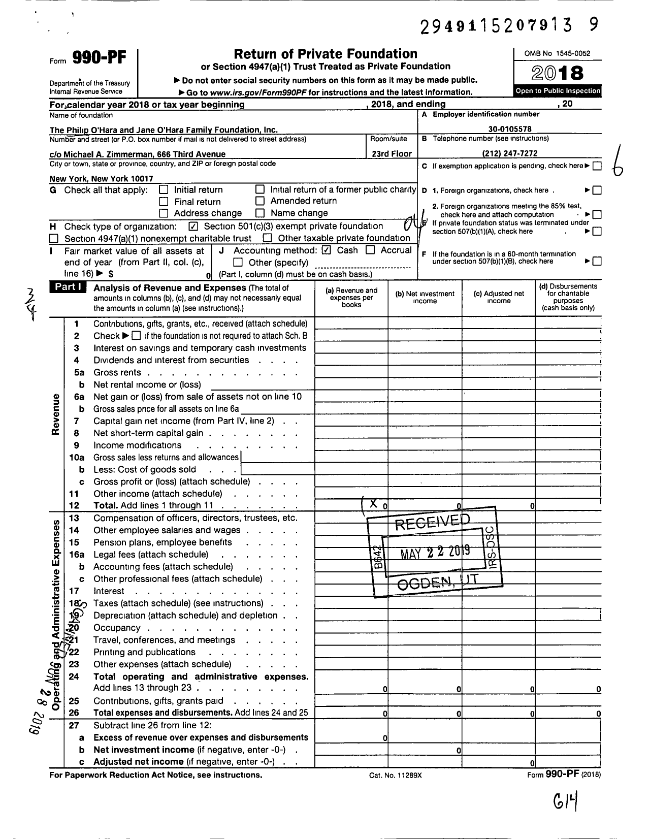 Image of first page of 2018 Form 990PF for The Philip Ohara and Jane Ohara Family Foundation