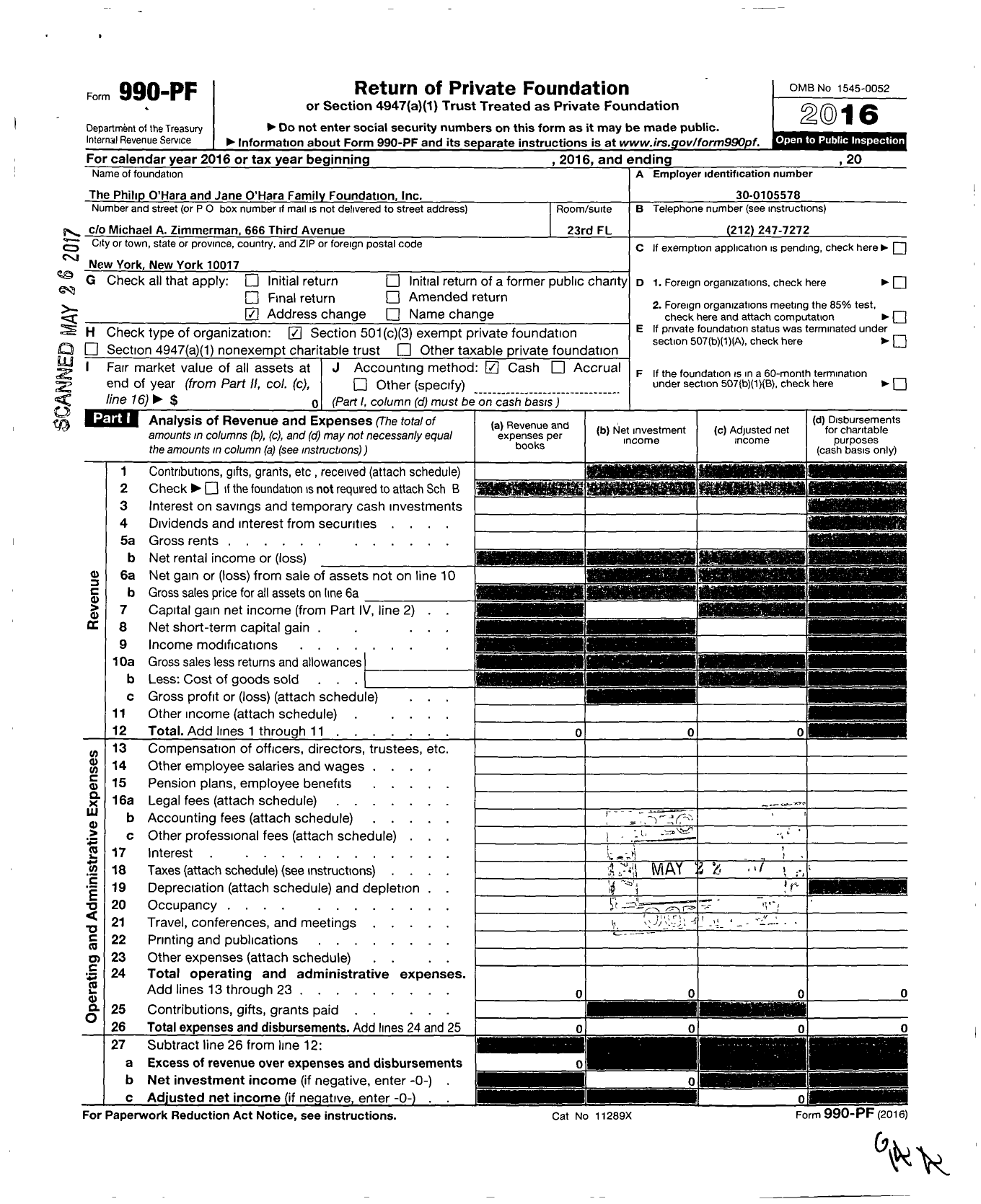 Image of first page of 2016 Form 990PF for The Philip Ohara and Jane Ohara Family Foundation