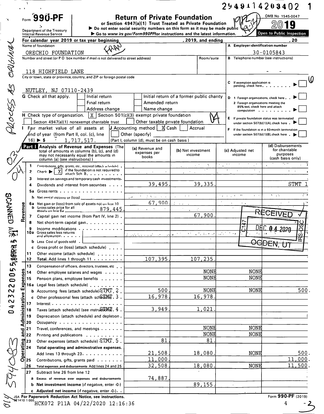 Image of first page of 2019 Form 990PF for The Frank A and Edith Orechio Foundation